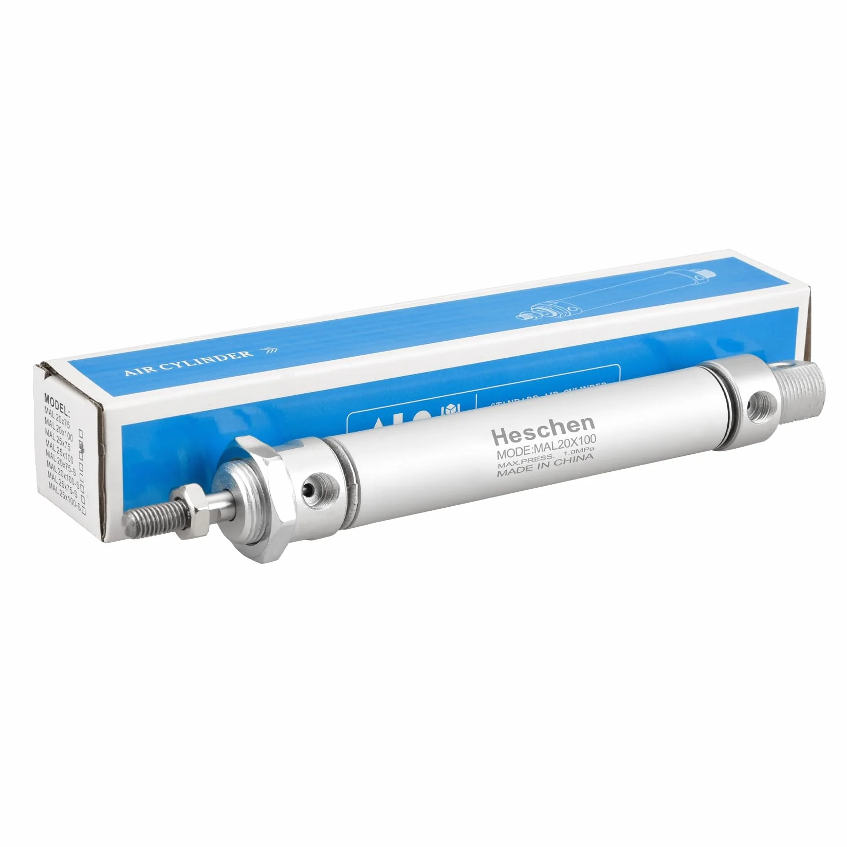Heschen Smukły cylinder pneumatyczny MAL 20-100 otwór 20 mm skok 100 mm dwustronny PT1/8 cala metal 145 PSI