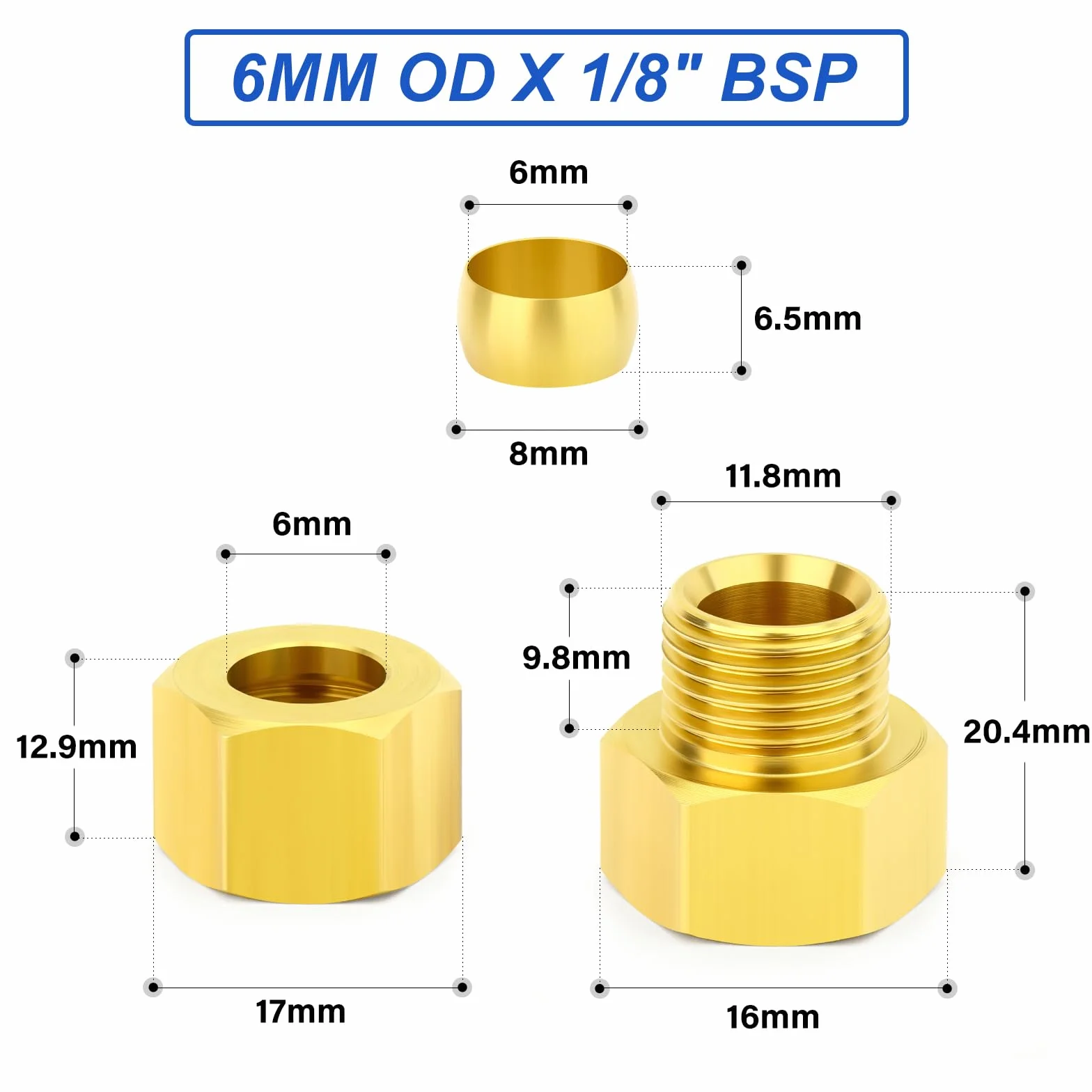 Mosiężna złączka kompresyjna 6 mm x 1/8 cala BSP prosta