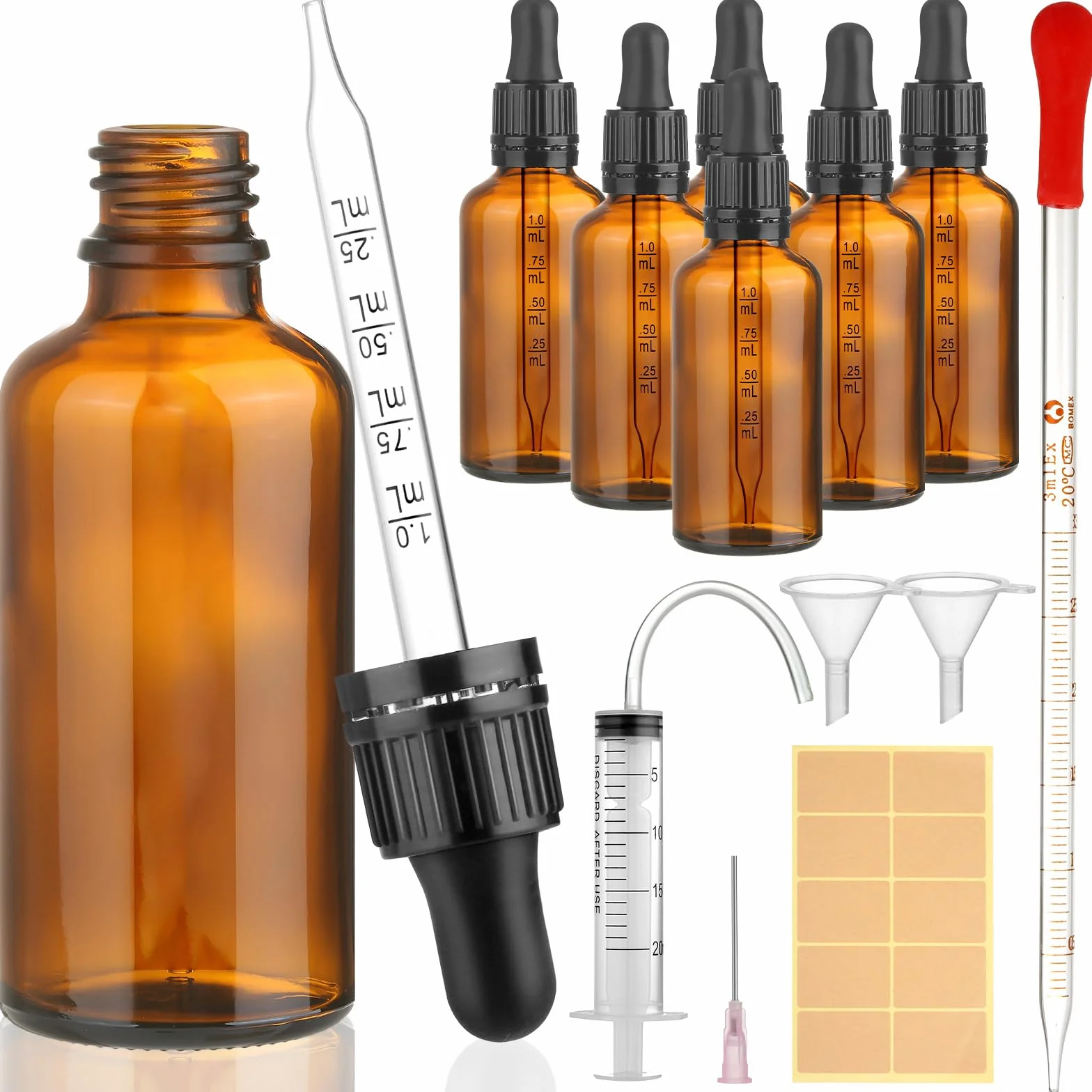 modacraft Butelka z pipetą 50 ml z akcesoriami pomocniczymi, butelka z pipetą z brązowego szkła, butelka apteczna do płynów, olejków eterycznych, olejków zapachowych, aromaterapii, płynnych barwników,