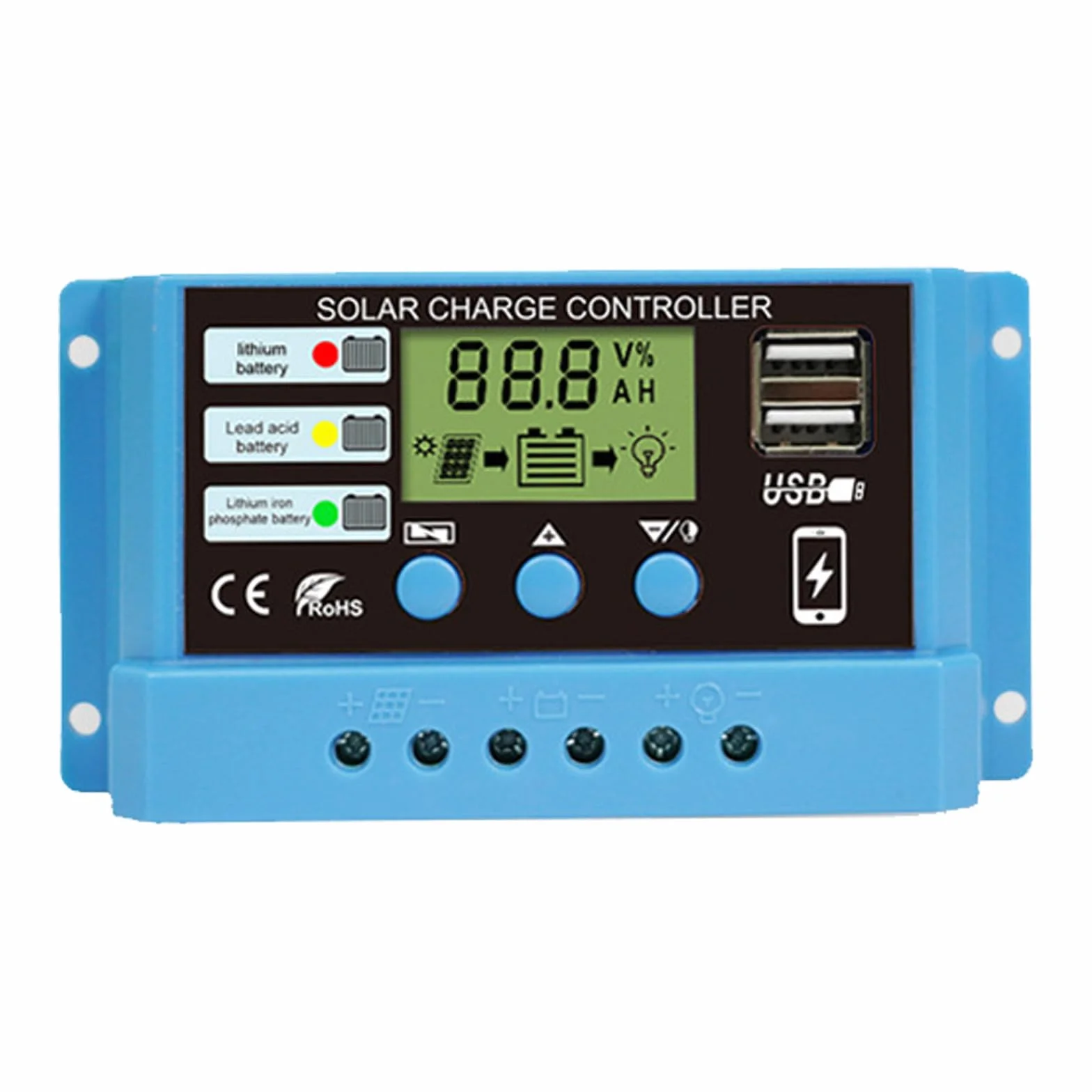 CAM2 Kontroler ładowania słonecznego 30 A, 12/24 V, wyświetlacz LCD, 3-stopniowy PWM, lit/kwasowo-ołowiowy/LiFePO4, ochrona przed przeciążeniem i zwarciem, 2 porty USB
