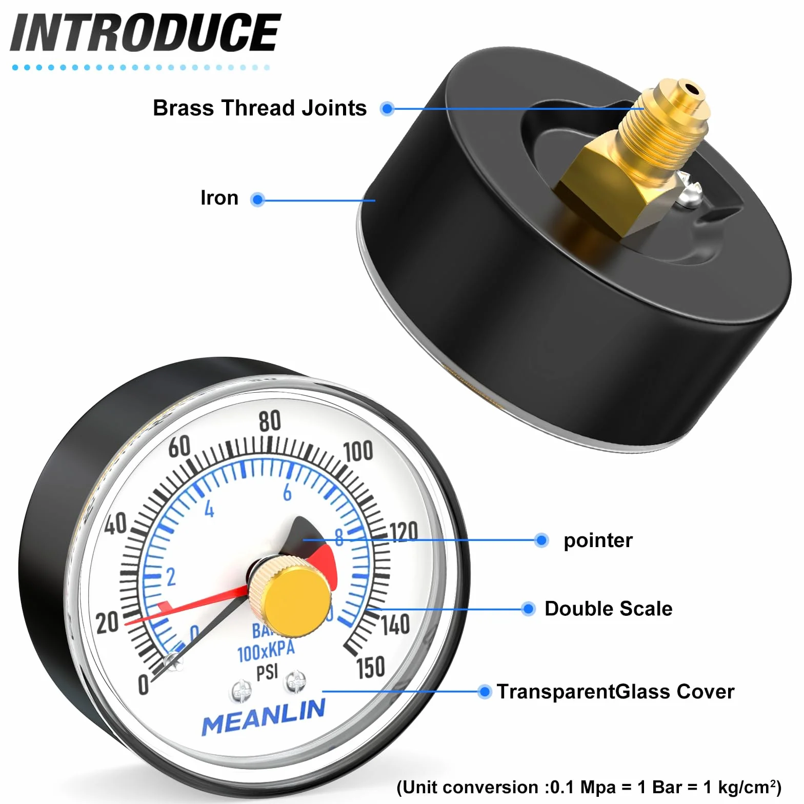MEANLIN MEASURE 0~10 Bar/0~150Psi 2" DIAL FACE 1/4" BSP manometr pompy studni z adapterem BSP 1/2" i 3/8" BSP, dokładność 3-2-3%, z czerwonym wskaźnikiem, centralny tylny uchwyt
