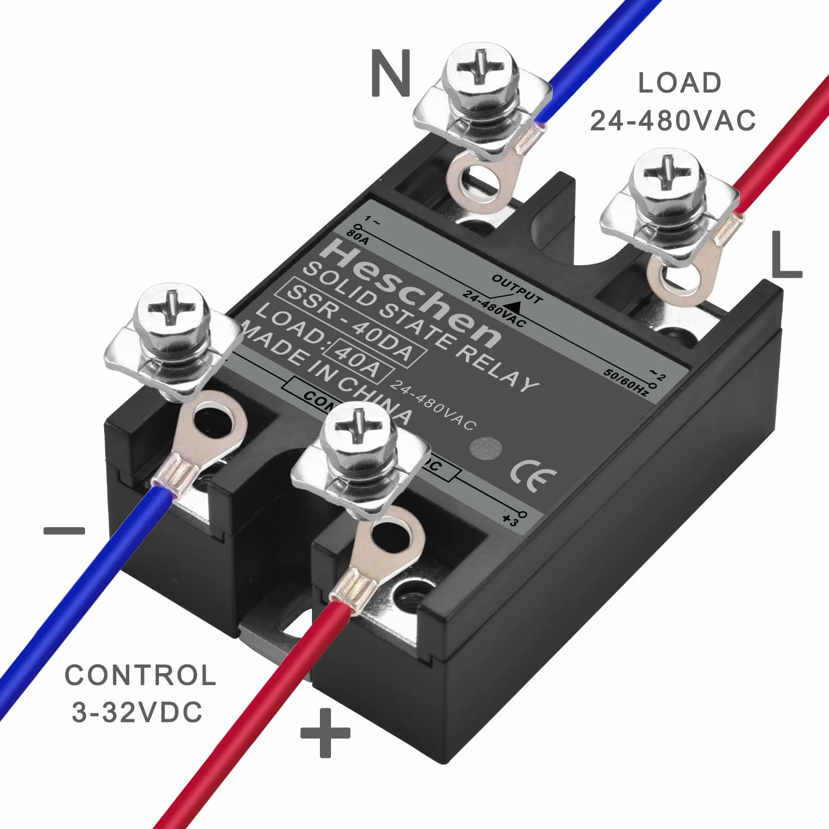 Heschen Przekaźnik półprzewodnikowy jednofazowy DC/AC, SSR-40DA, wejście 4-32VDC, wyjście 24-480VAC, 40A 50-60Hz