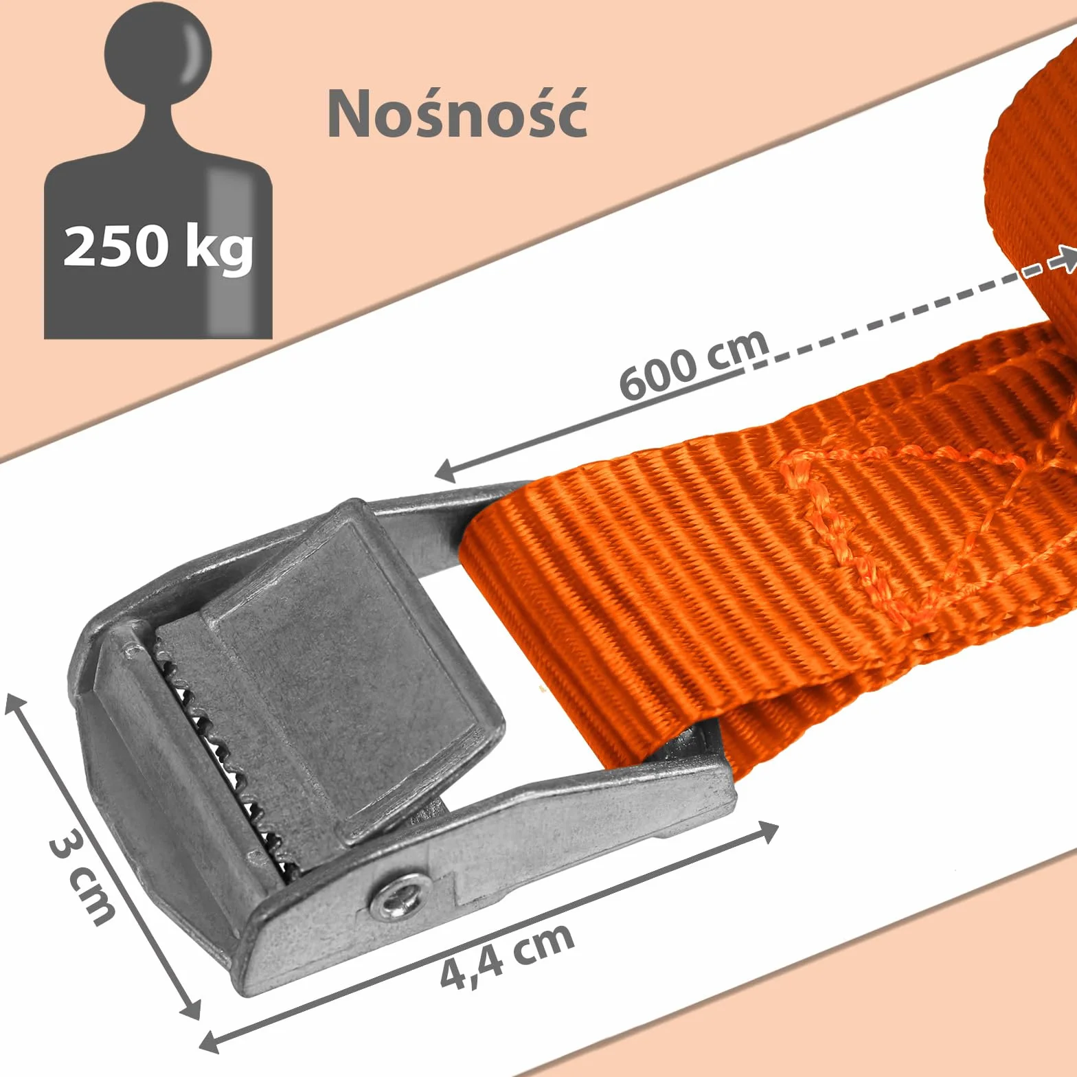 Pas mocujący bagaż 250 kg DIN EN 12195-2 4 sztuki 2.5 cm x 6 m