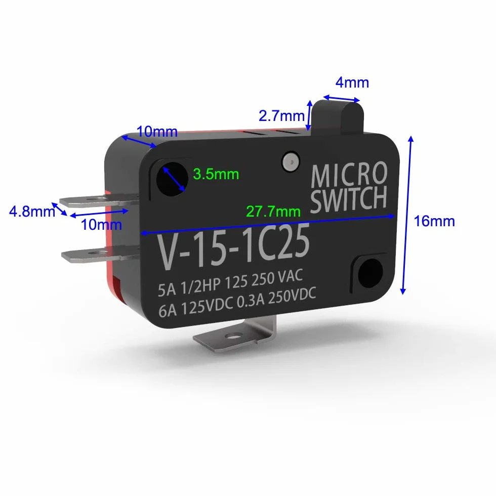 Gebildet Przełączniki Mikro V-15-1C25, z Włącznikiem Chwilowo-Krańcowym 125 V/250 V 15 A, 3 piny SPDT z Przełącznikiem z Funkcją Zatrzasku Miniaturowego Basic-Micro (otwieranie/zamykanie), 12 sztuk