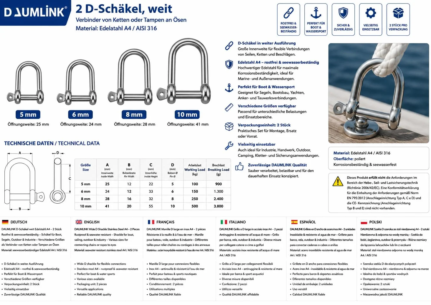 Szekla 2 D, szeroka, stal szlachetna A4 / Aisi 316 (2 sztuki) jako łącznik łańcuchów lub tamp na oczkach (8 mm)