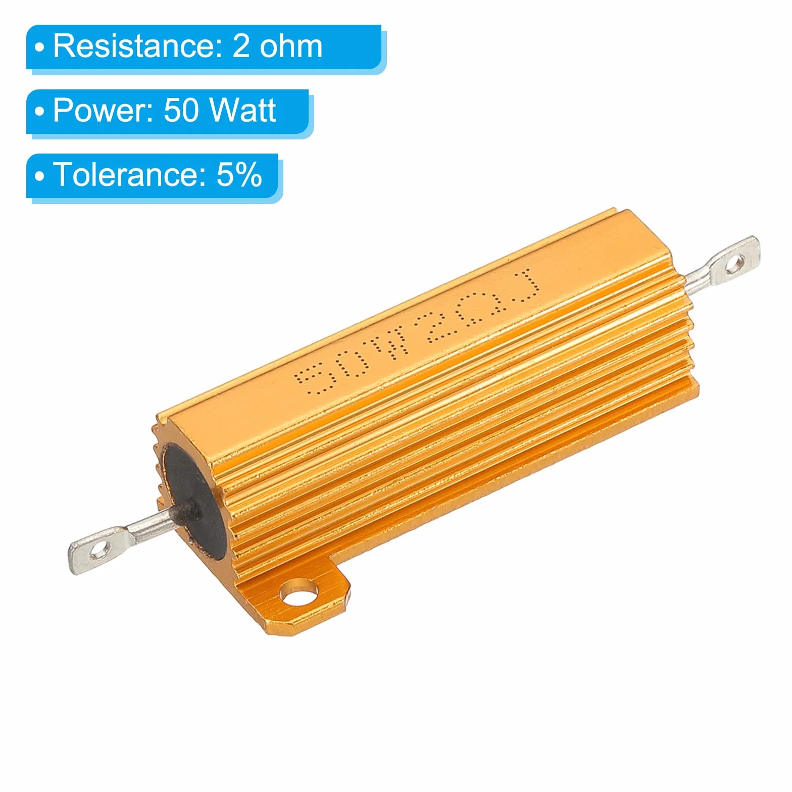PATIKIL 50 W 2 Ohm Aluminiowy rezystor powłokowy, 5 szt. Aluminiowy rezystor skorupowy Obudowa Obudowa z rezystorami drutowymi owiniętymi śrubami Rezystory mocy 5% tolerancji, złoty