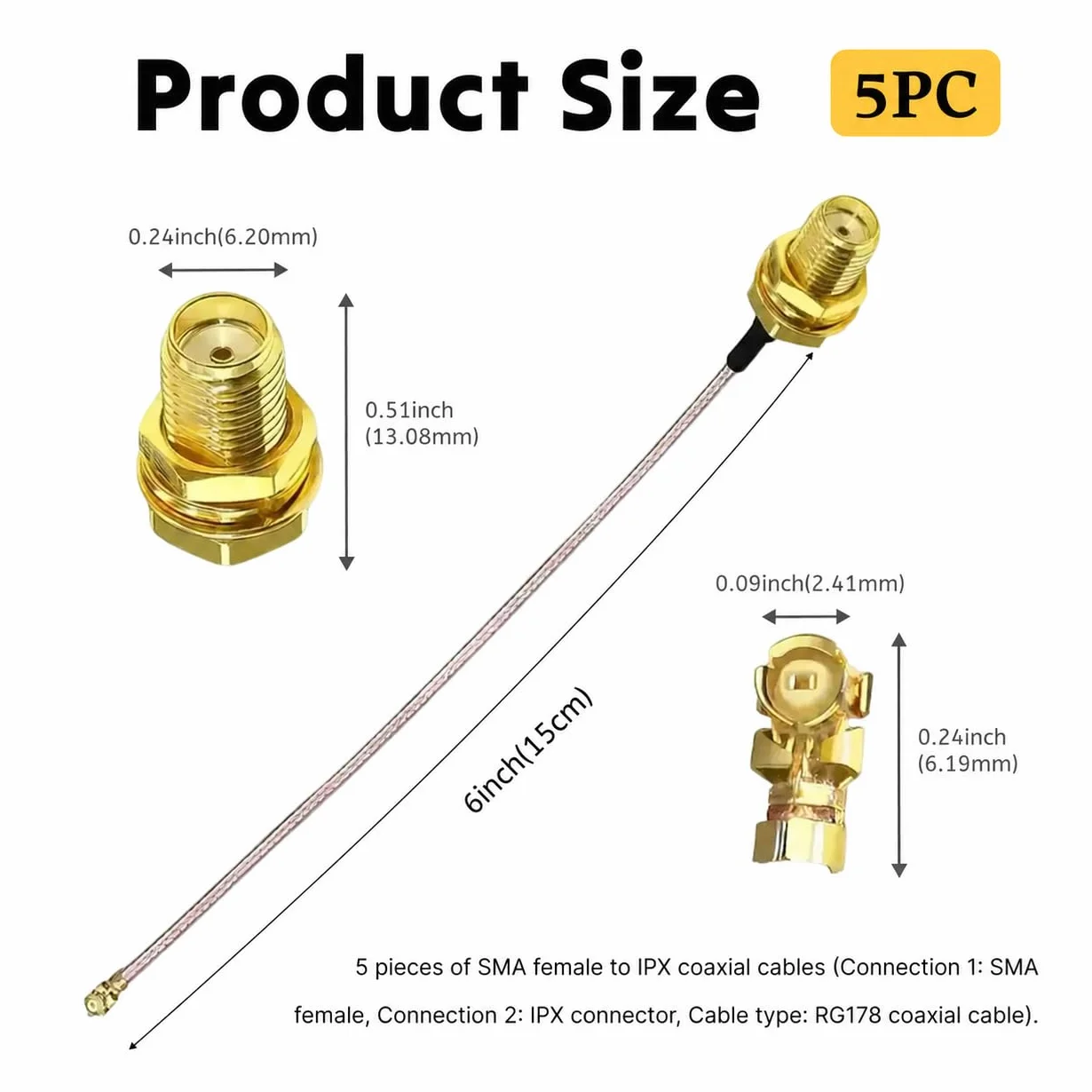 Przedłużacz koncentryczny SMA RG178 Pigtail 15 cm gniazdo do UFL IPX kabel do GPS Wi-Fi Bluetooth
