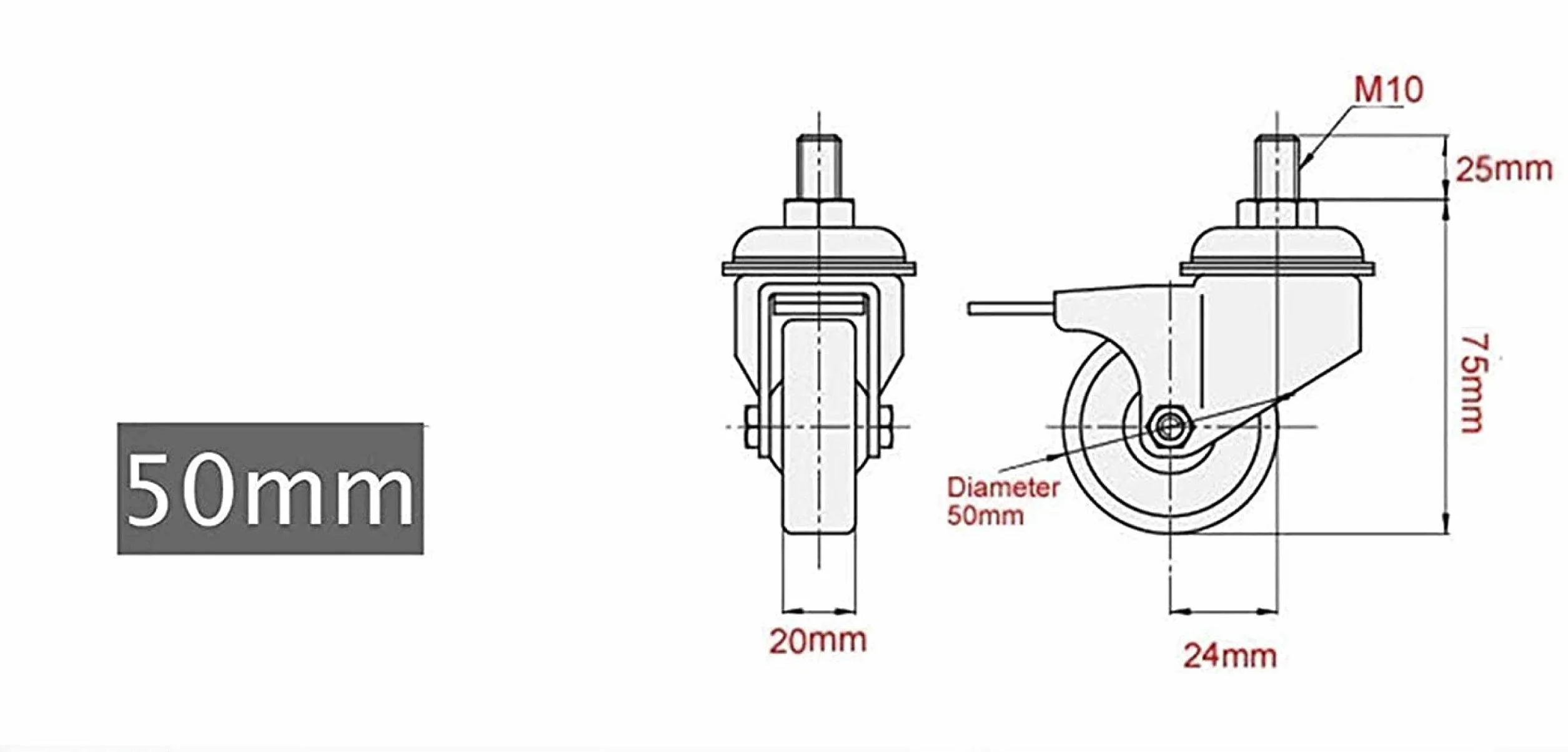 GBL Wytrzymałe koła meblowe z 2 hamulcami + śrubami - 50 mm M10 x 25 mm do 200 kg - opakowanie 4 bez śladów podłogi, ciche kółka do mebli, gumowane kółka do wózków - srebrne kółka