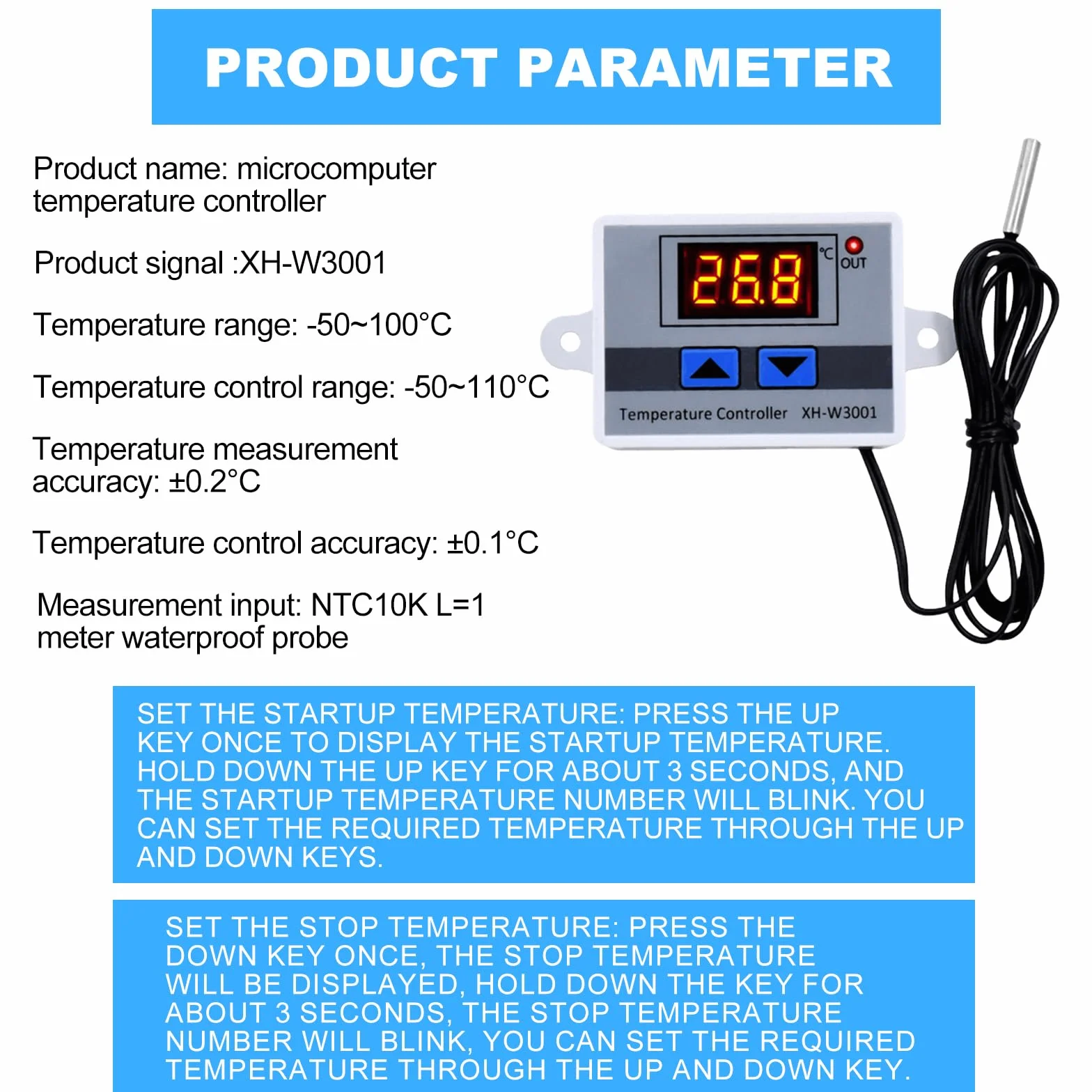 3 sztuki cyfrowego regulatora temperatury, termostat cyfrowy XH-W3001 z czujnikiem, wodoodporna sonda AC110V-220V, wyświetlacz LCD, termostat do ogrzewania i chłodzenia
