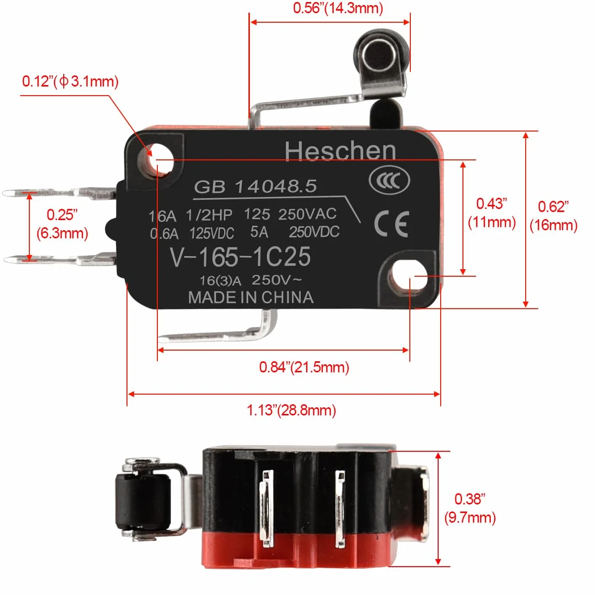 Heschen mikro przełącznik V-165-1C25 SPDT krótka dźwignia rolkowa 16 A 250 V AC 5 szt.