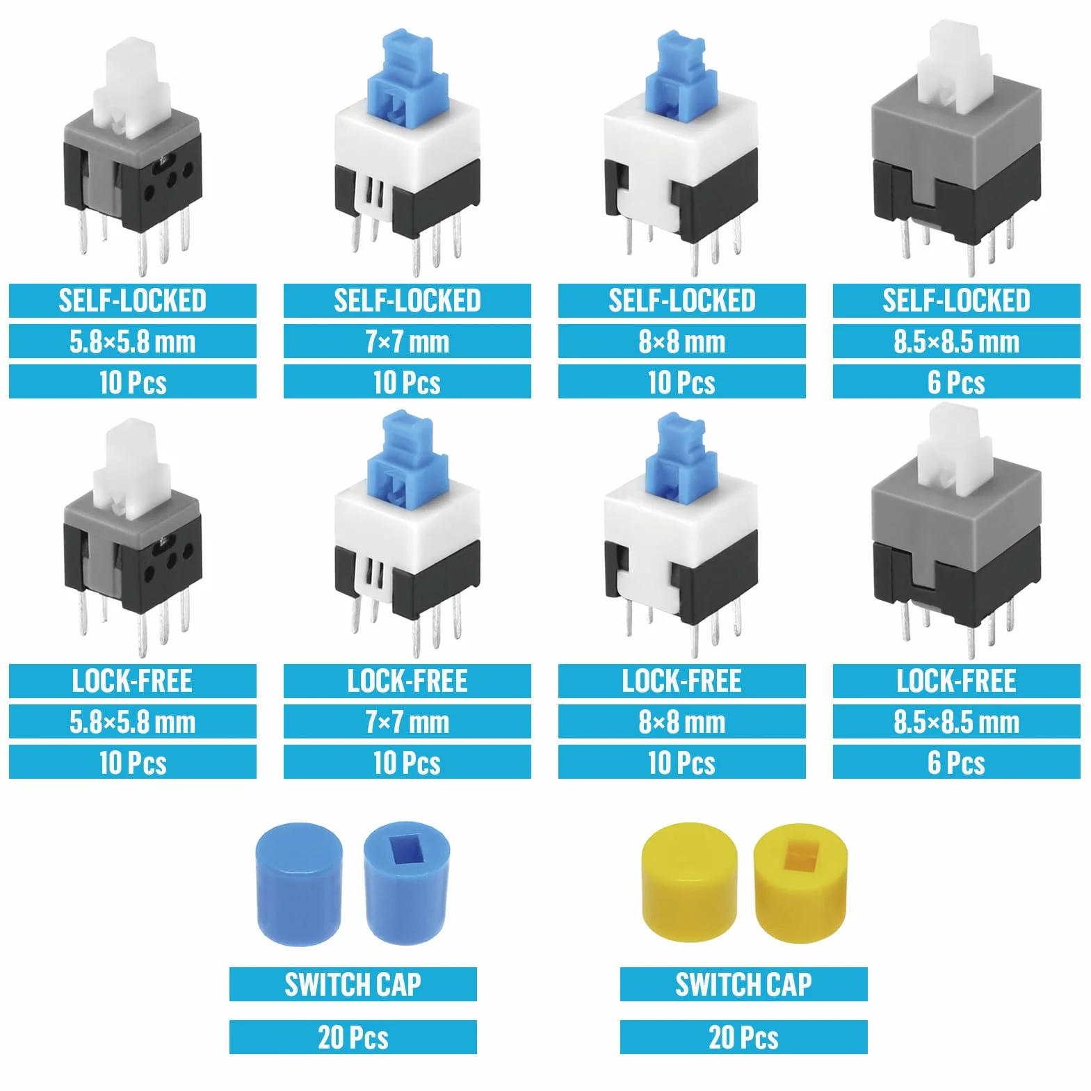 AUKENIEN Zestaw Przełączników DPDT Samoblokujący 6 Pin 5.8x5.8mm 7x7mm 8x8mm 8.5x8.5mm