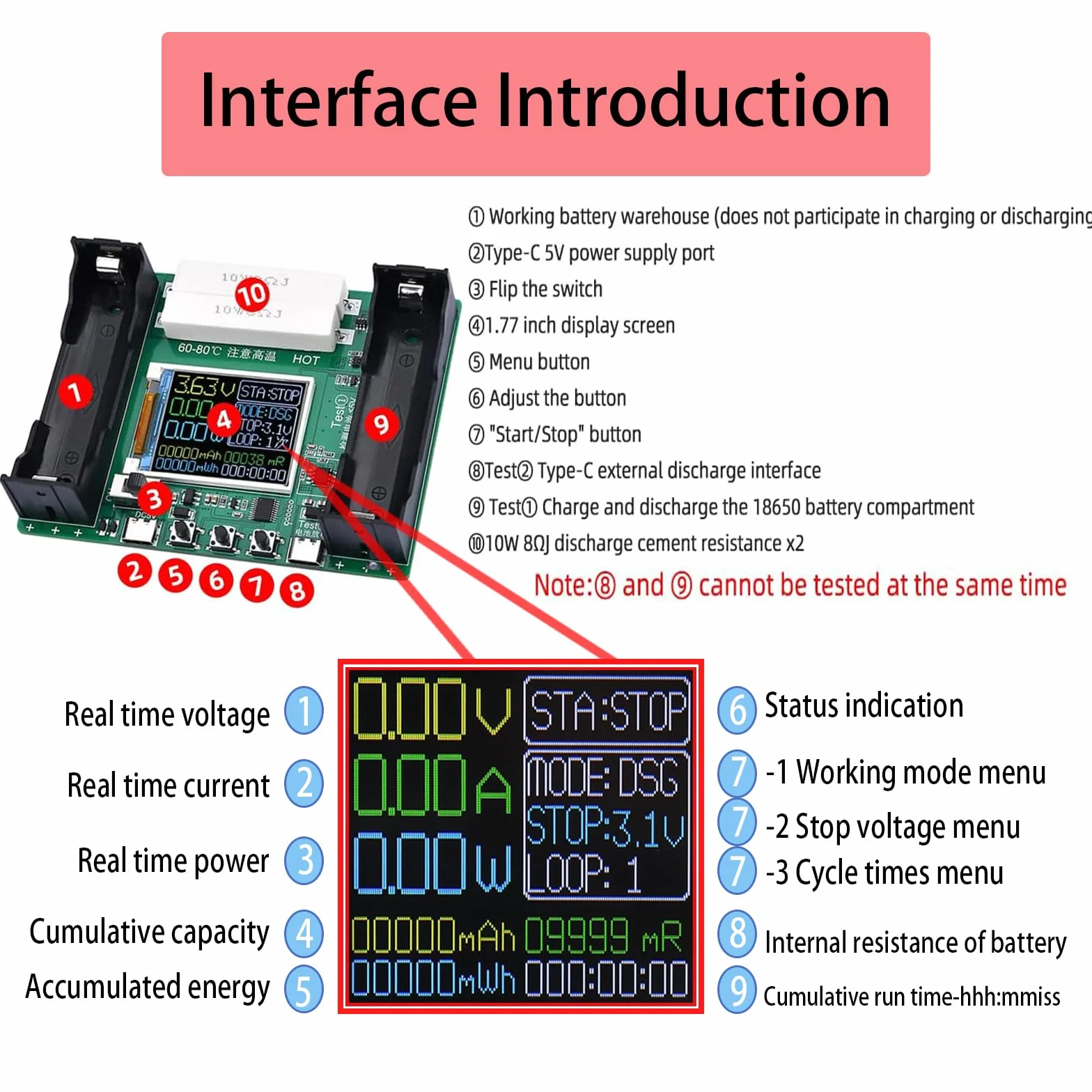 DC 5 V/18650 moduł testera pojemności akumulatora, tester rezystancji wewnętrznej baterii z wyświetlaczem LCD do baterii litowej typu C