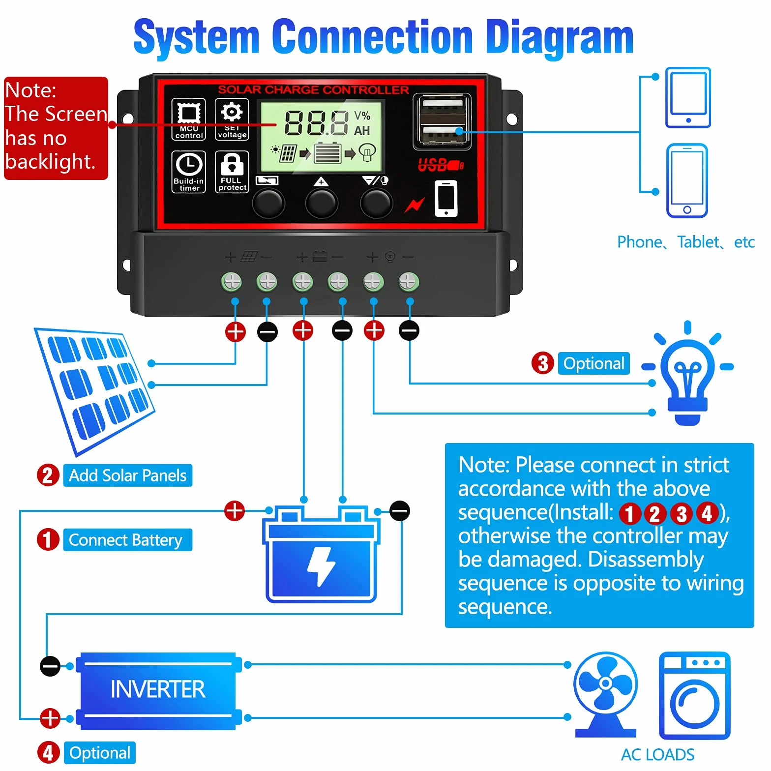 30A regulator ładowania słonecznego, 12V/24V regulator PWM regulator panelu słonecznego regulowanym wyświetlaczem LCD ustawienie timera PWM automatyczny parametr regulatora panelu słonecznego, czarny