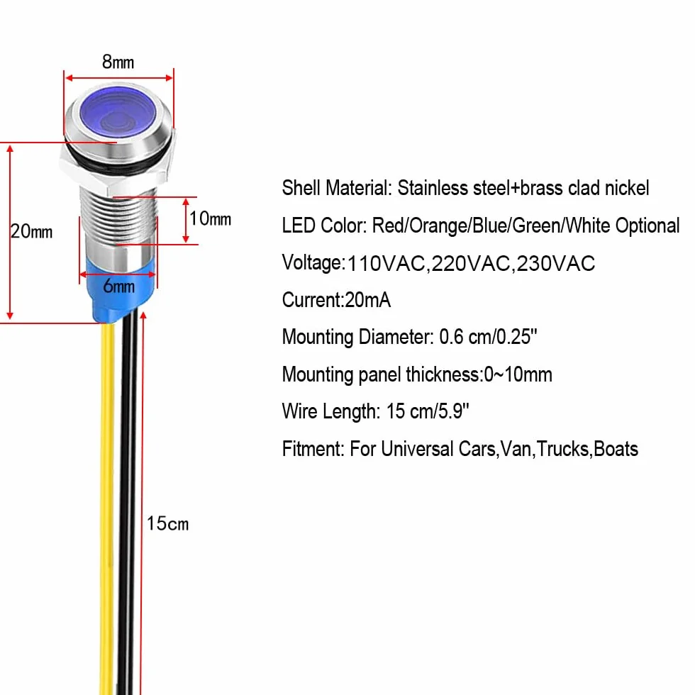 Gebildet 10szt. 6mm 220 VAC LED Metalowa lampa Sygnalizacyjna Wodoszczelna (zielona, pomarańczowa, czerwona, niebieska, biała, 10 szt.)