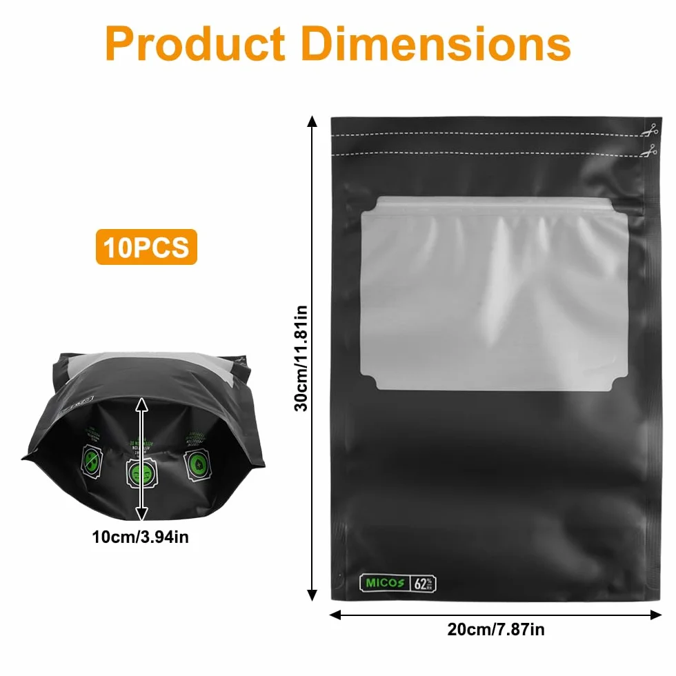 Terploc Grove Bags, 10 sztuk, 30 x 20 cm, worki Mylar, Dry Ferm Bag, wielokrotnego użytku worki nieprzepuszczające zapachów, worki na żywność z kontrolą wilgoci, ochrona przed promieniowaniem UV, na