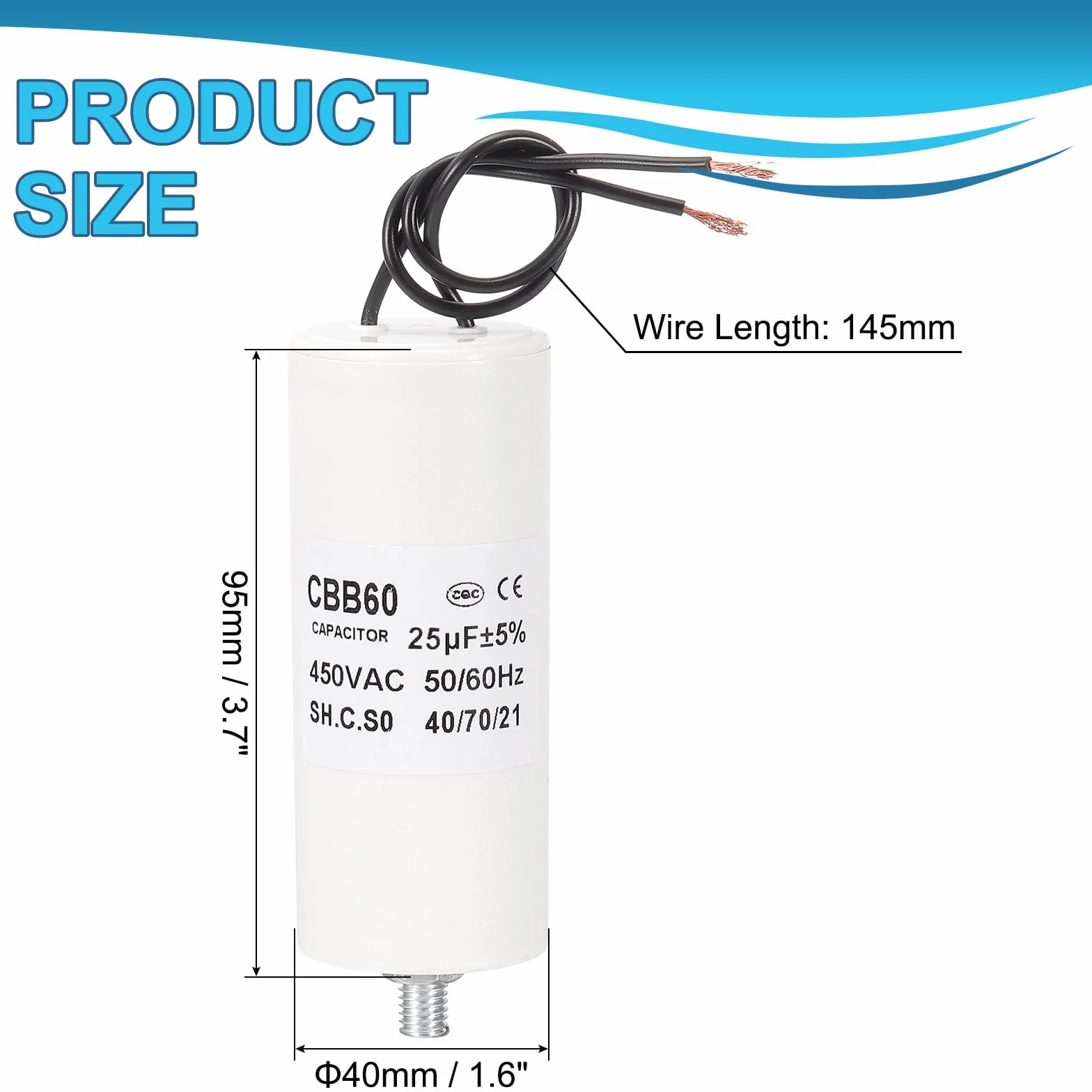 PATIKIL Kondensator rozruchowy 25uF CBB60 AC 450 V, 2 przewody 50/60 Hz, dno cylindra ze śrubami M8 x 15 mm, do pralki, silnika pompy wodnej, gwiazda, 95 x 40 mm, biały