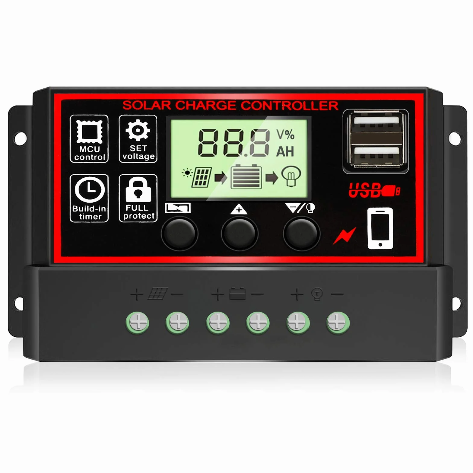 30A regulator ładowania słonecznego, 12V/24V regulator PWM regulator panelu słonecznego regulowanym wyświetlaczem LCD ustawienie timera PWM automatyczny parametr regulatora panelu słonecznego, czarny