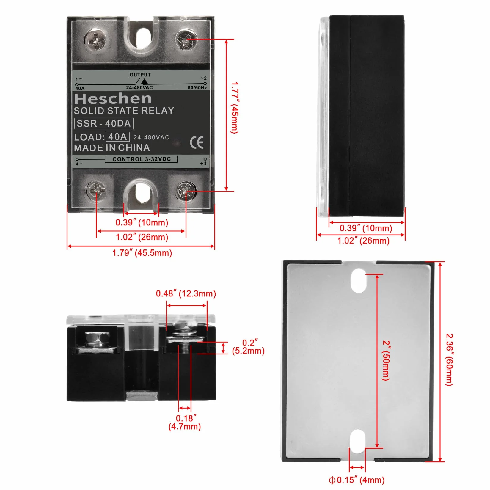 Heschen Przekaźnik półprzewodnikowy jednofazowy DC/AC, SSR-40DA, wejście 4-32VDC, wyjście 24-480VAC, 40A 50-60Hz