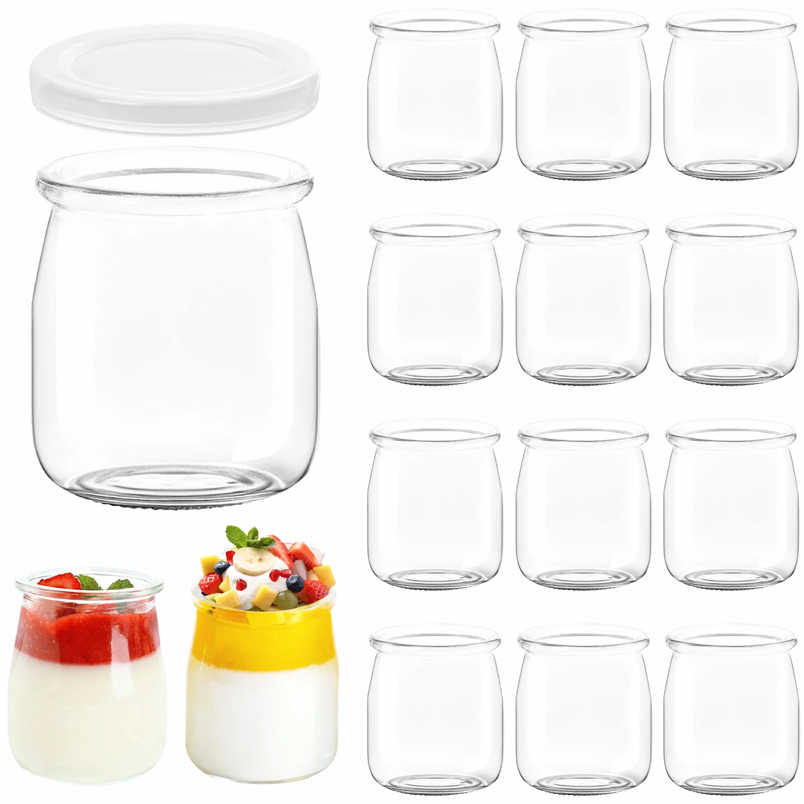 Słoiki na jogurt z pokrywką, 200 ml, 12 przezroczystych słoików deserowych, słoiczków deserowych z pokrywką na galaretki, miód, musli, musli, desery, można myć w zmywarce, zamrażarkę i używać
