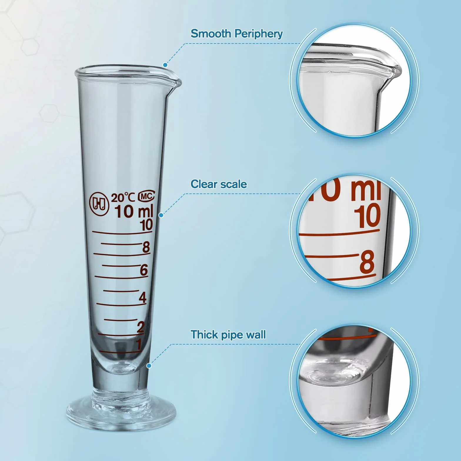 iplusmile Miarka 10 ml szklana miarka do laboratoryjnego kubka stożkowego płynu pomiarowego z dzióbkiem z szeroką szyjką ze szkła z miarką metryczną