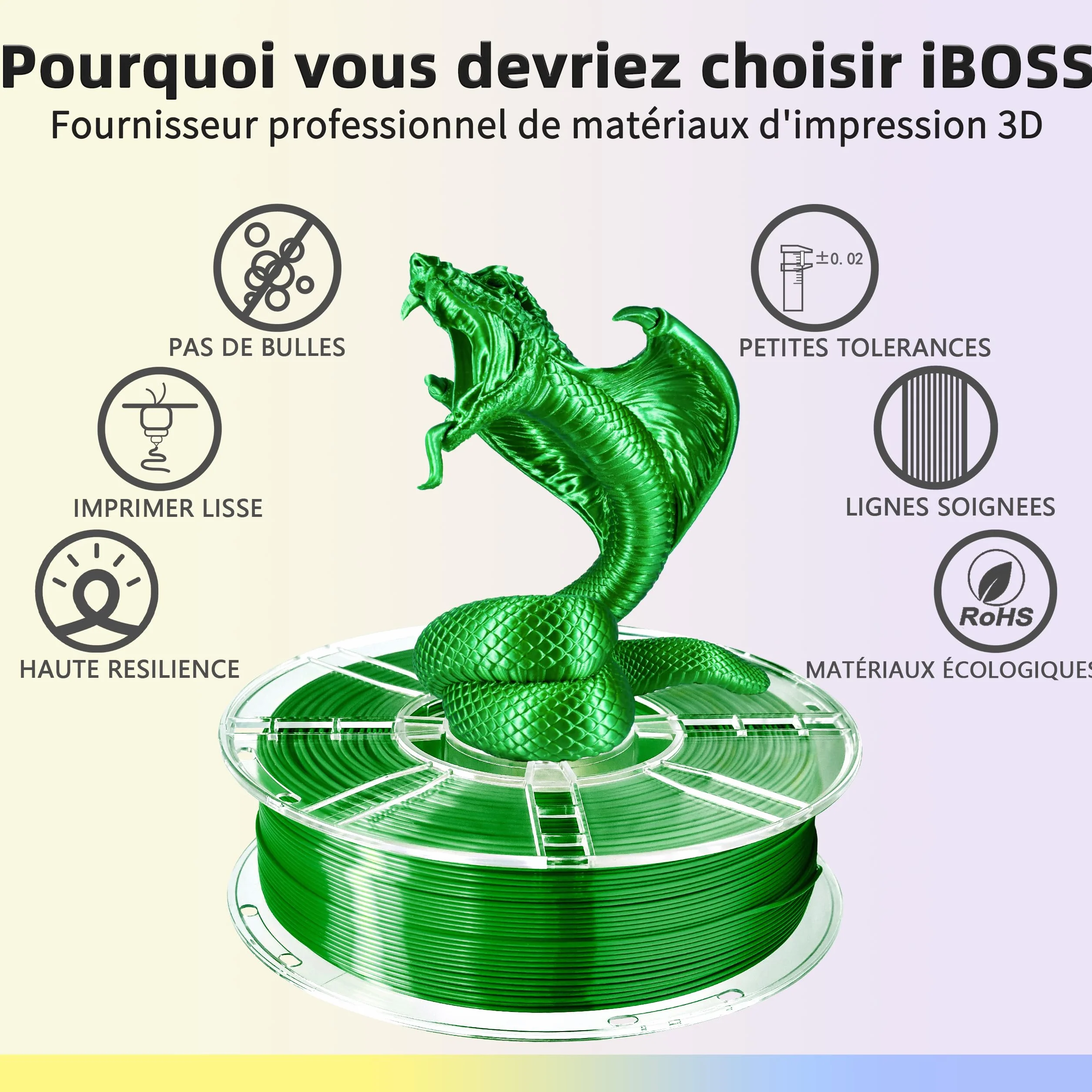 iBOSS Silk PLA+ filament 1,75 mm dokładność wymiarowa ±0,02 mm szpula 1 kg Jedwabisty zielony