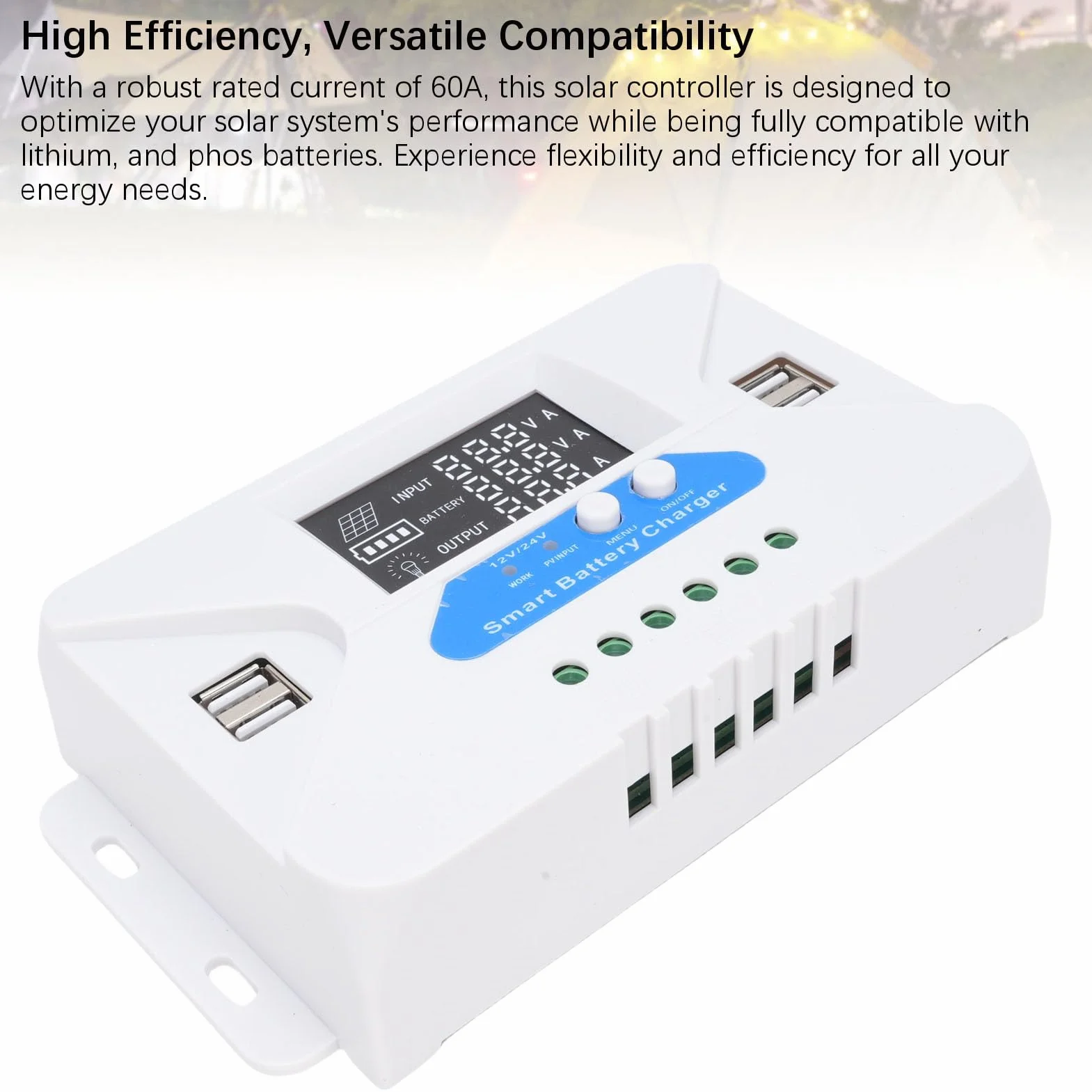 Luocute Kontroler ładowania Słonecznego 60A, Regulator MPPT 12V 24V z Wyświetlaczem LCD 4 Wyjścia USB, Kontrolery Energii Odnawialnej dla Baterii Litowo-fosowej Domowe Latarnie