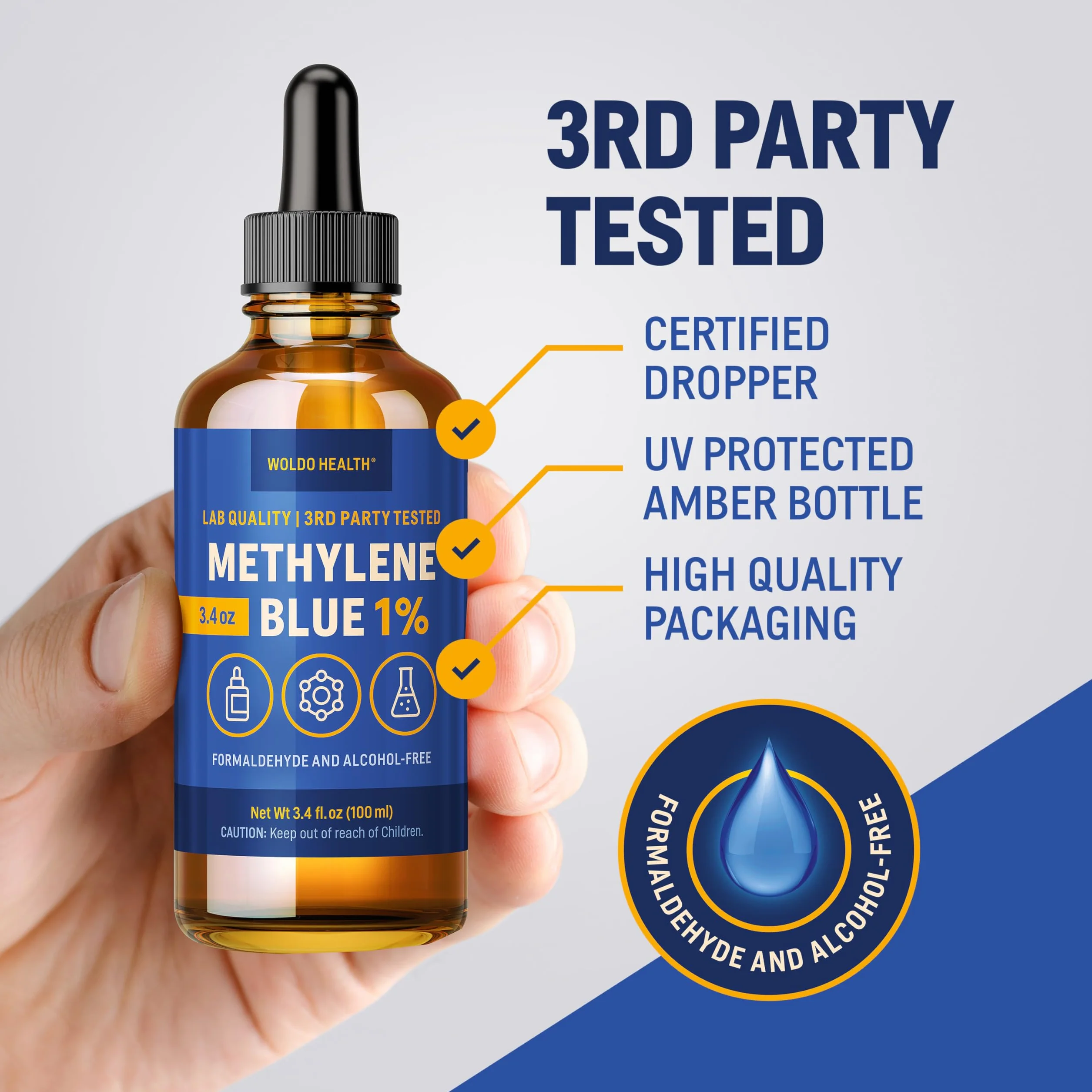Błękit metylenowy 1% jakość farmaceutyczna z pipetą 100 ml – bez formaldehydu, bez alkoholu, chroniony przed światłem