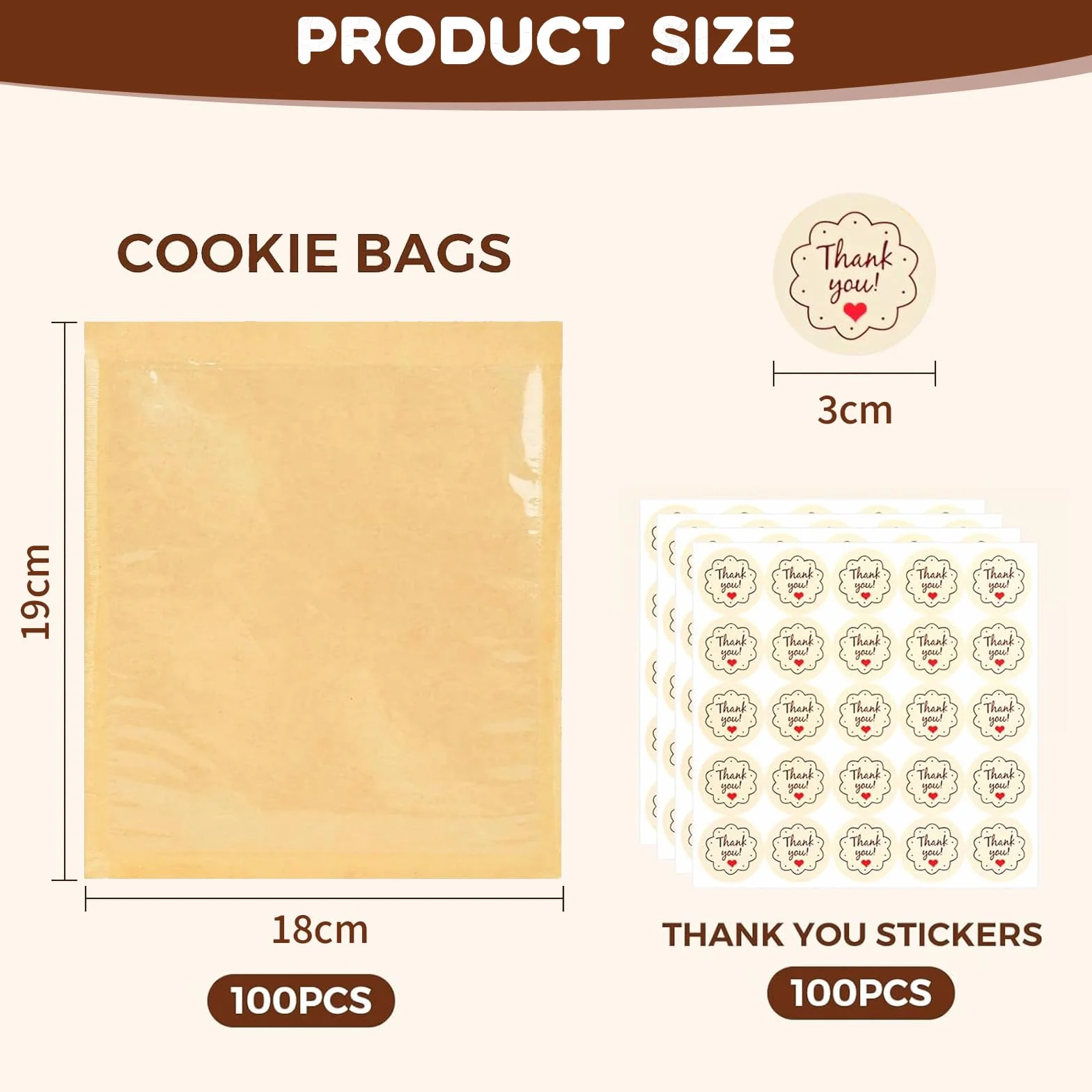100 sztuk torebek na żywność z okienkiem i naklejkami, 18 × 19 cm papierowe torebki na chleb do domowego chleba, na wesela, Boże Narodzenie, ciastka, pączki, muffinki, itp