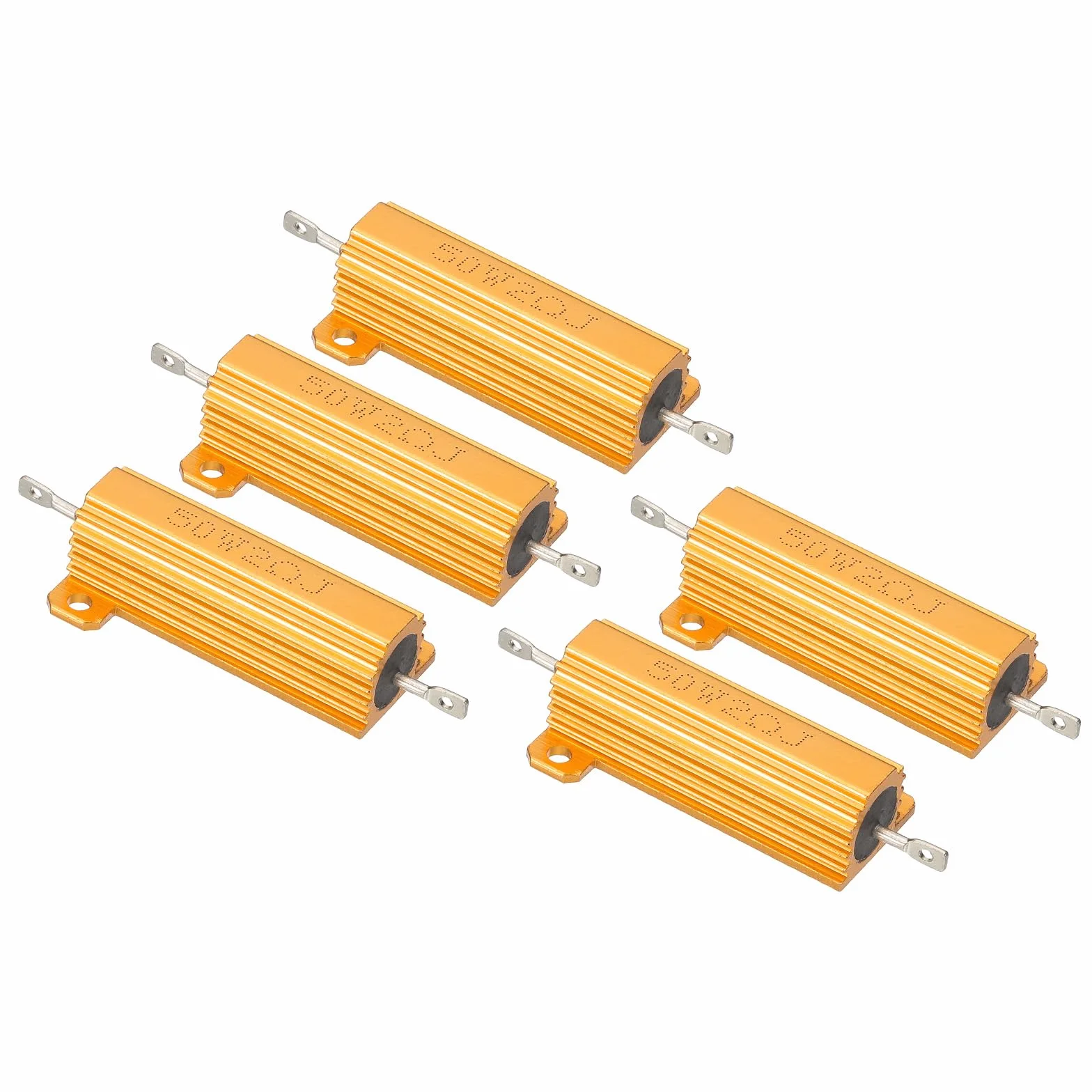 PATIKIL 50 W 2 Ohm Aluminiowy rezystor powłokowy, 5 szt. Aluminiowy rezystor skorupowy Obudowa Obudowa z rezystorami drutowymi owiniętymi śrubami Rezystory mocy 5% tolerancji, złoty