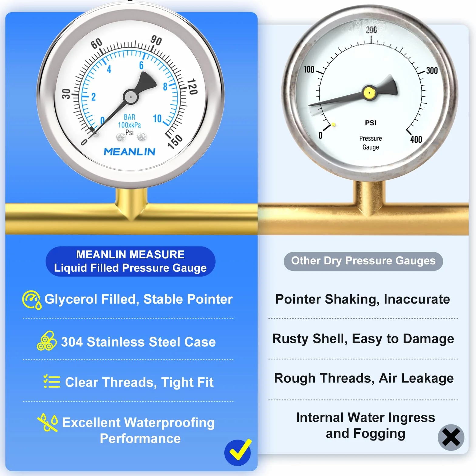 MEANLIN MEASURE Manometr ze stali nierdzewnej 0~10BAR 0~150PSI 2" FACE DIAL wodoodporny 1/8" BSP