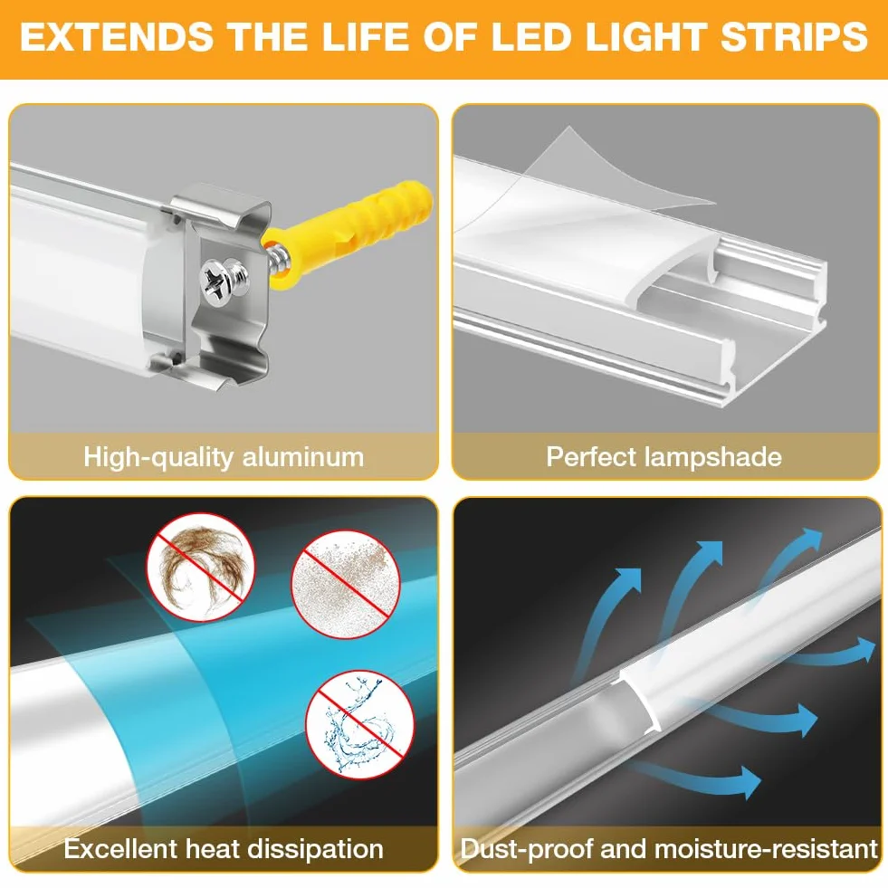 Flintronic Profil LED, 12 sztuk x 0,3 m, prostokątny aluminiowy kanał / prowadnica, z pokrywą, złączem narożnym, materiałem montażowym do taśm LED