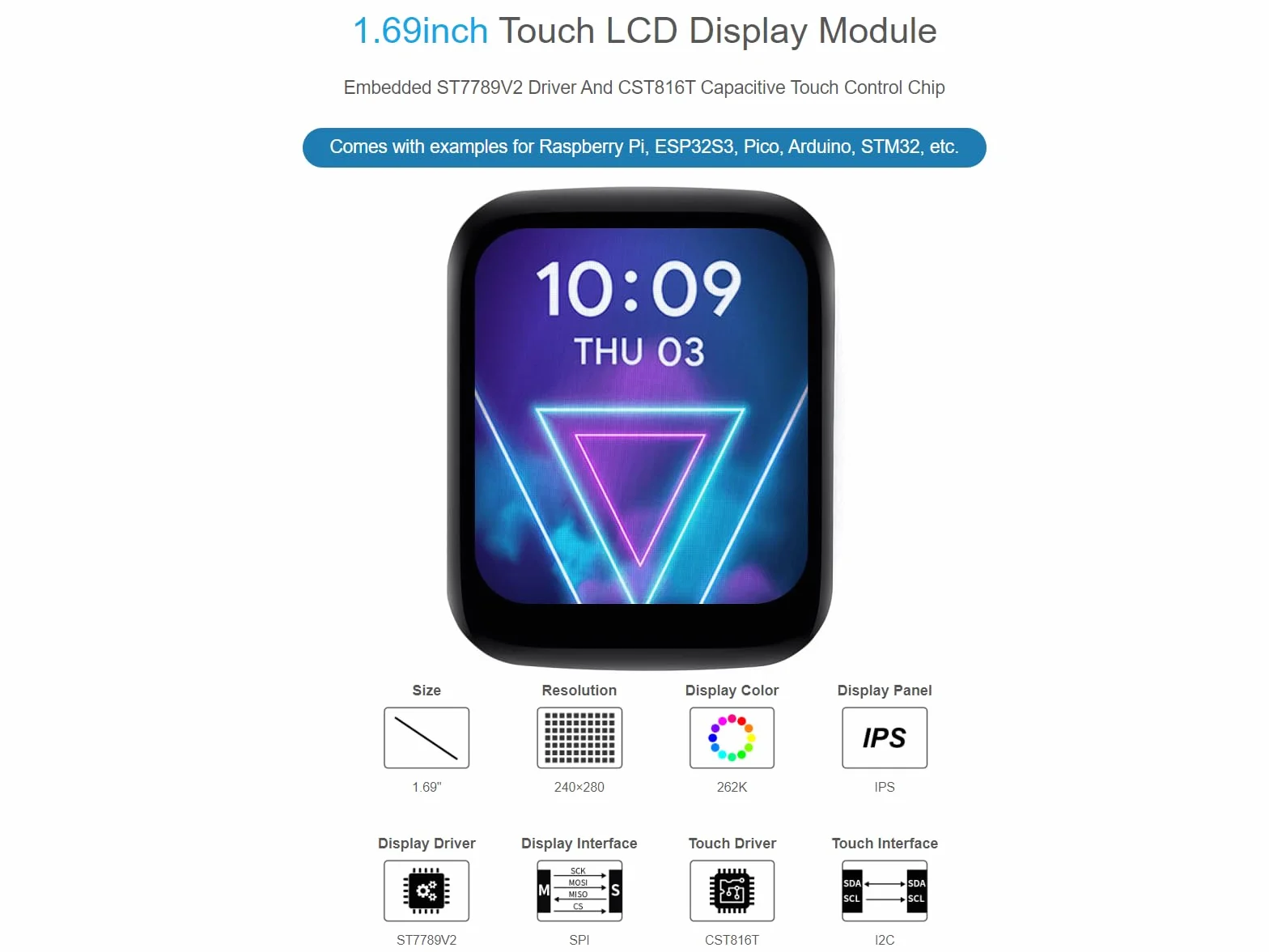 Moduł wyświetlacza LCD IPS 1,7 cala 240×280 ST7789V2 do Raspberry Pi 5 Arduino ESP32S3 Pico