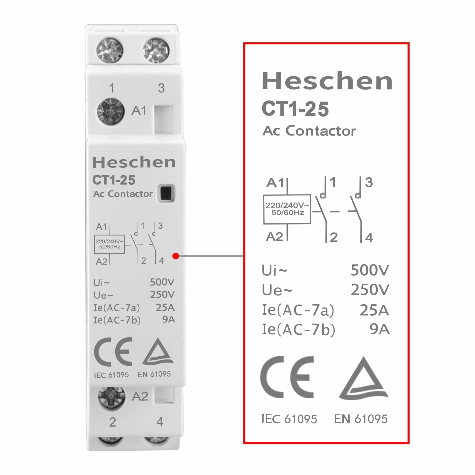 Heschen Domowy stycznik AC, CT1-25, 2-biegunowy, dwa normalnie otwarte, napięcie cewki AC 220 V/230 V, mocowanie szynowe DIN 35 mm