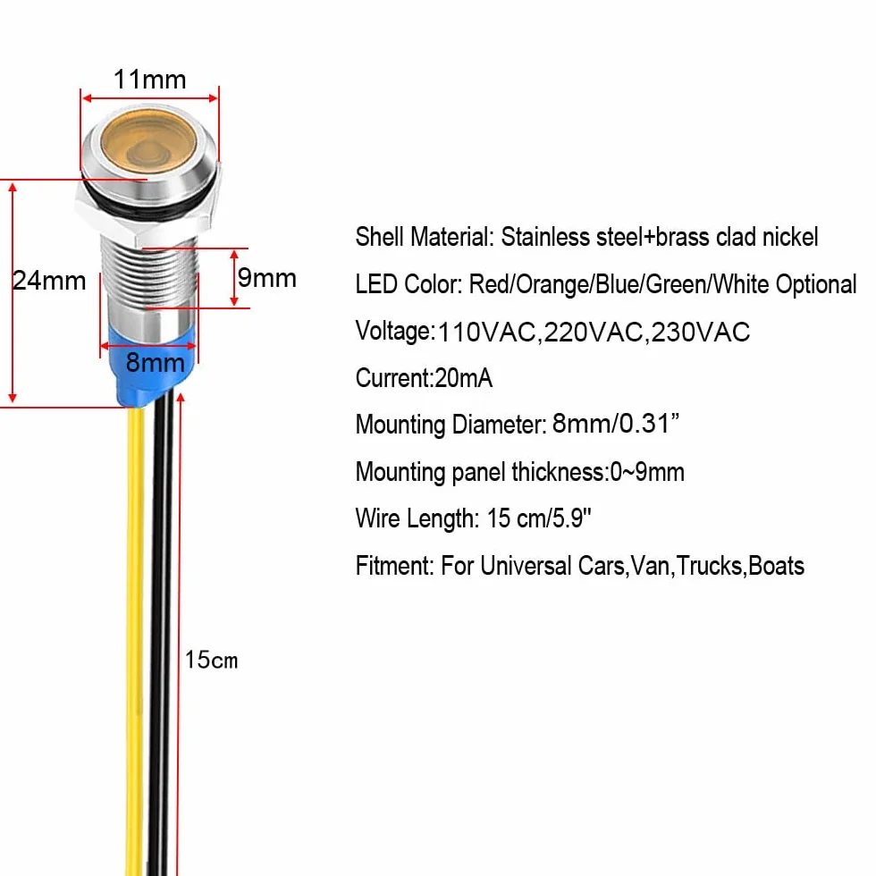 Gebildet 5 Sztuk 8mm 230V AC LED Metalowy Wskaźnik Świetlny Wodoodporna Lampka Sygnalizacyjna Żółta