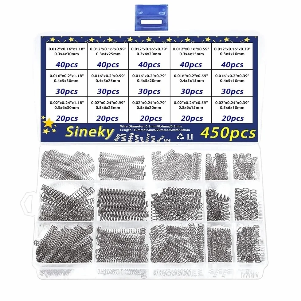 450pcs Compression Springs Assortment Kit, 450 Pcs 15 Different Sizes Stainless Steel Springs, Spring Assortment for Shop and Home Repairs