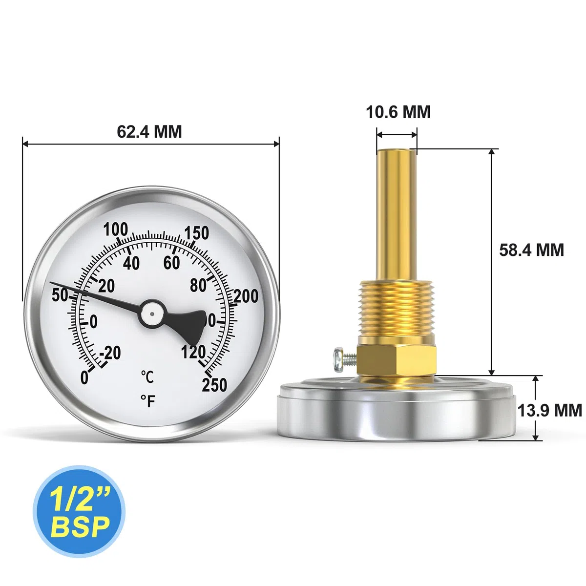 MEANLIN MEASURE Termometr bimetalowy 1/2" BSP do gorącej wody, kotła i rur, tarcza 2-1/2", bezołowiowy chwyt mosiężny 2-1/4", zakres temperatur -20~120℃/0~250℉, dokładność 2%, uchwyt środkowy tylny