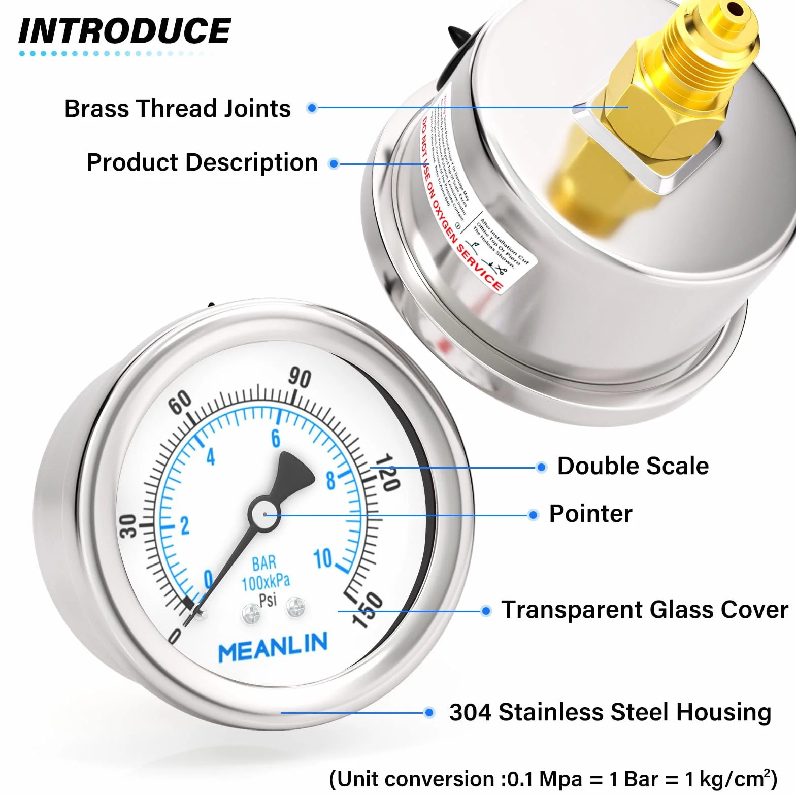 MEANLIN MEASURE Manometr ze stali nierdzewnej 0~10BAR 0~150PSI 2" FACE DIAL wodoodporny 1/8" BSP