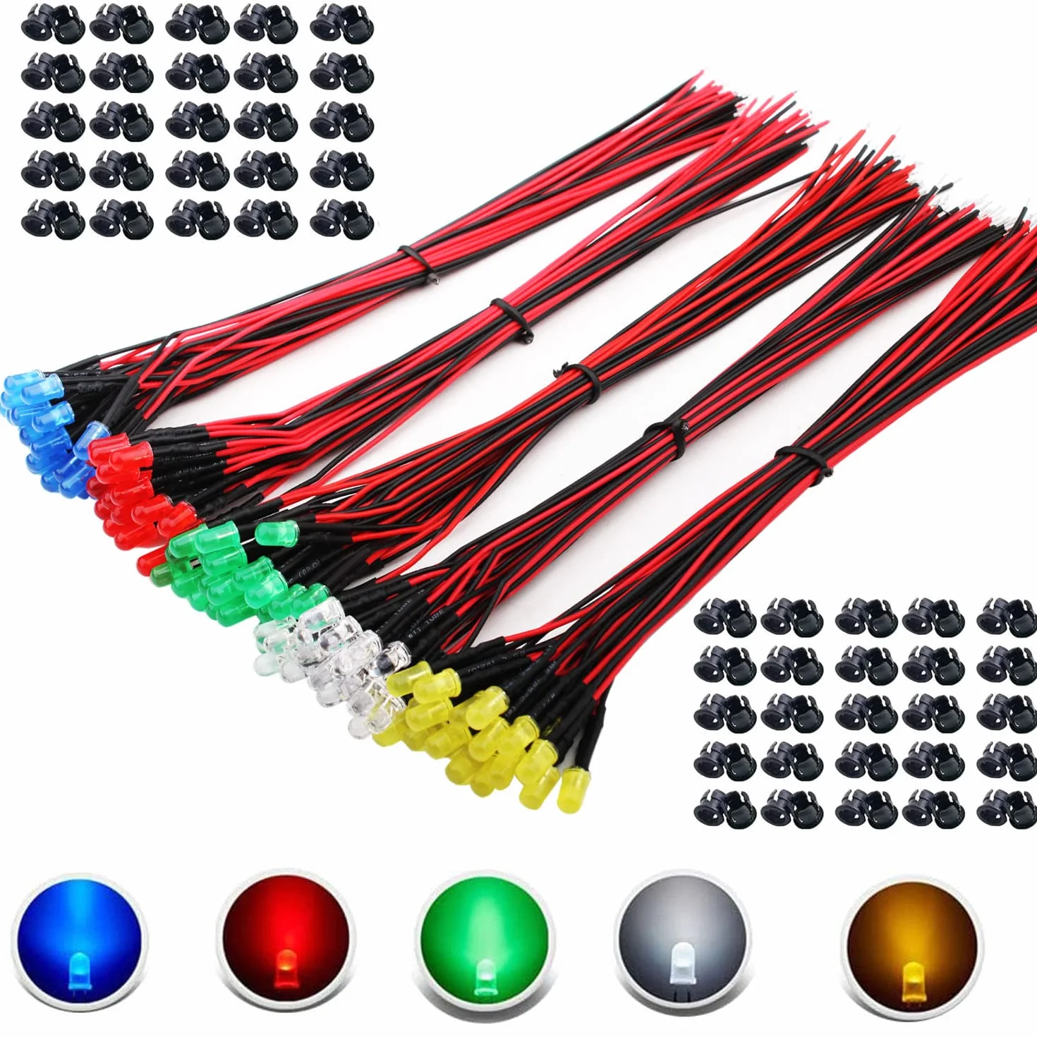 RUNCCI-YUN 100 szt. 5 mm diody LED 3V-9V-12V z kablem 12V do modelu kolejowego H0, RC modelowanie, czerwone pierścienie montażowe