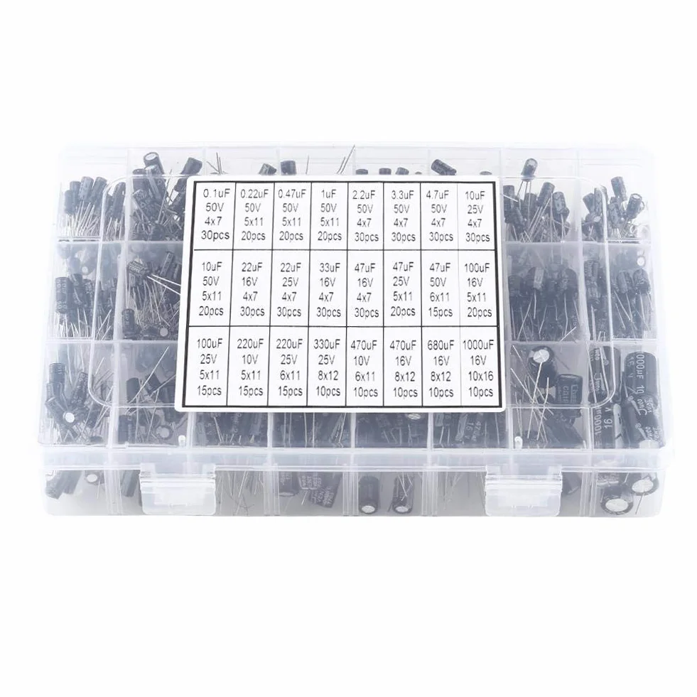 Kondensator Elektrolytkondensator 500 stycken 24 värden 10V-50V 0.1UF-1000UF aluminium sortiment lådesats
