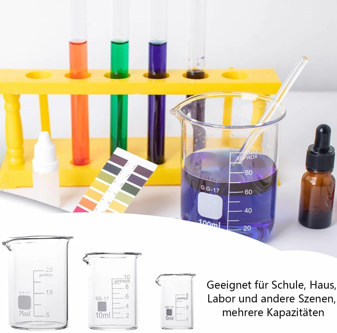 LATRAT 5 szt. stopniowanych kubków z miarką, szklanka borokrzemowa, do laboratorium, odporna na wysokie temperatury, do laboratorium, 5 ml, 10 ml, 25 ml, 50 ml, 100 ml