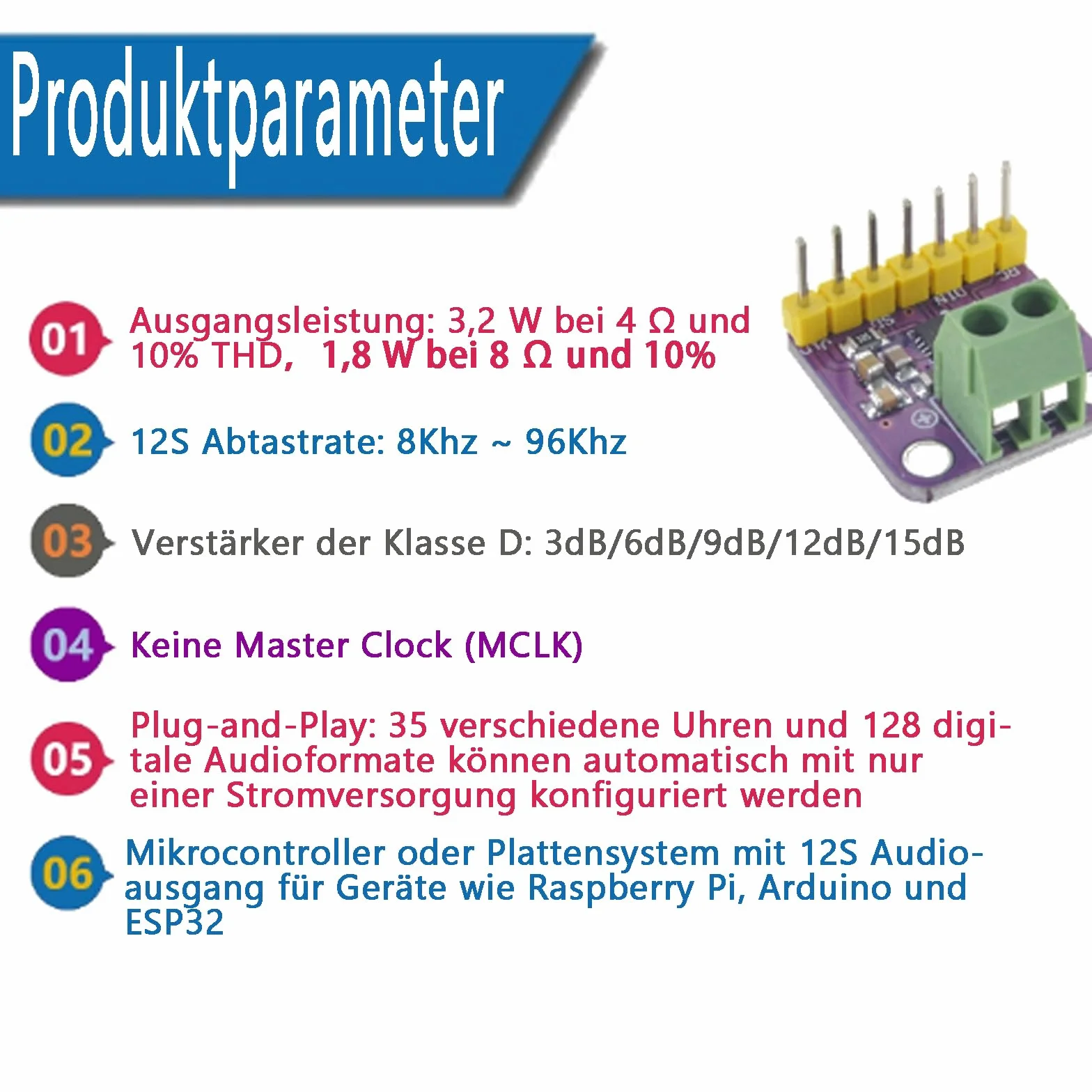 2 sztuki MAX98357A I2S wzmacniacz mono klasy D, bezfiltrowy moduł Breakout, moduł dekodera DAC o szerokim zakresie zastosowania, 20 szt. 30 cm kabel Dupont