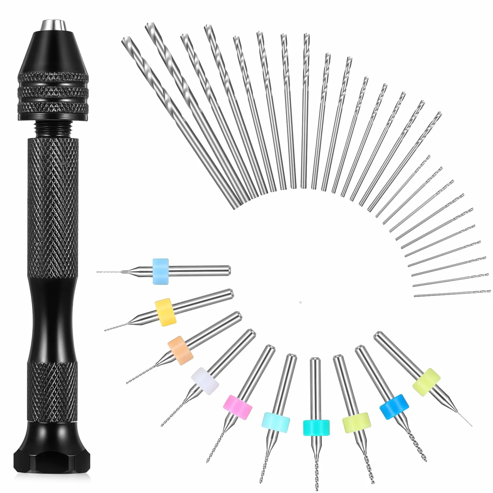36 sztuk mini wiertarki Pin Vise z 25 wiertłami spiralnymi (0,5 – 3,0 mm) i 10 mini wiertłami PCB (0,3 – 1,2 mm) precyzyjne mikrowiertła ręczne do metalu, drewna, biżuterii, modelarstwa i wiercenia