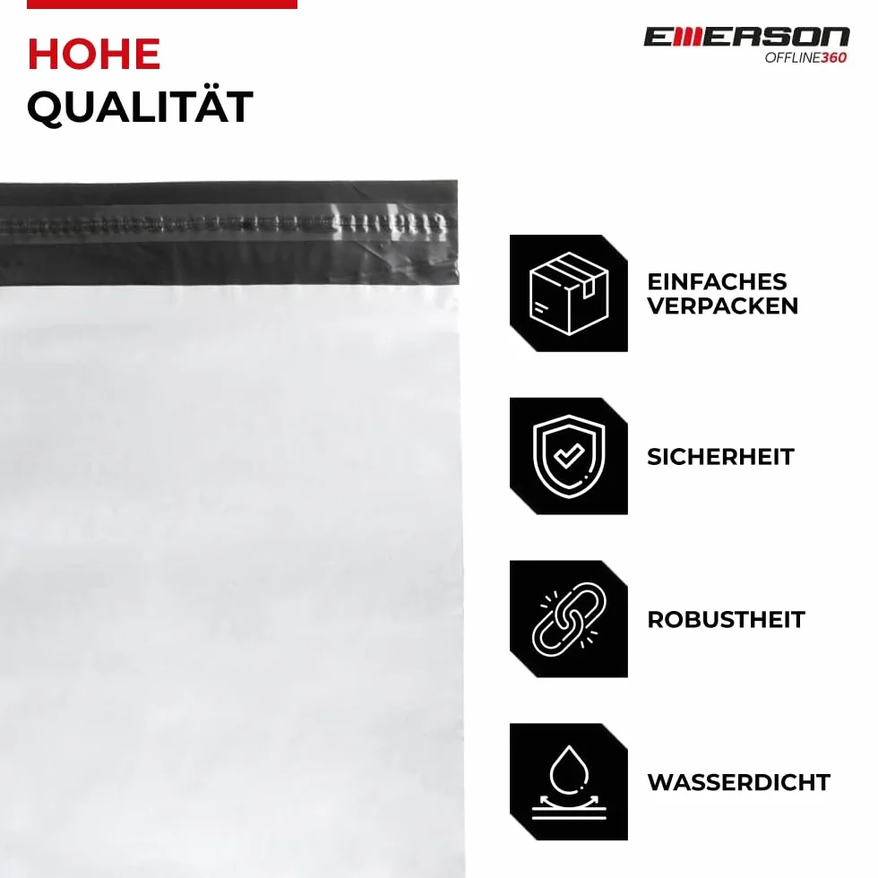 Emerson 50 sztuk plastikowych torebek wysyłkowych 26 x 35 cm | torba wysyłkowa z zamknięciem samoprzylepnym | białe nieprzezroczyste | torebki wysyłkowe na ubrania, artykuły | worki plastikowe | różne