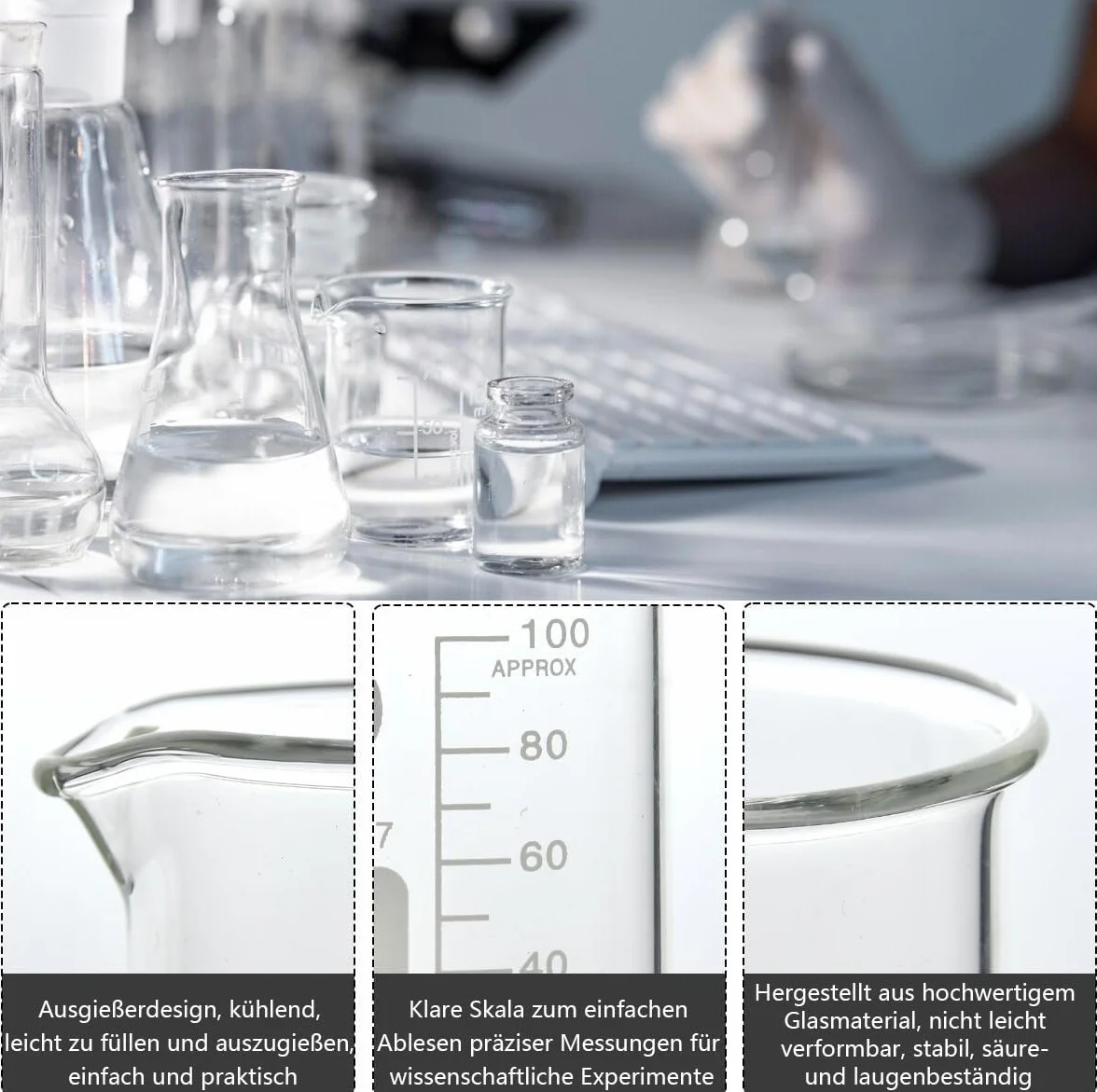 LATRAT 5 szt. stopniowanych kubków z miarką, szklanka borokrzemowa, do laboratorium, odporna na wysokie temperatury, do laboratorium, 5 ml, 10 ml, 25 ml, 50 ml, 100 ml