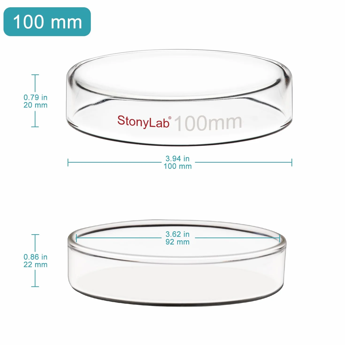 stonylab Szklane naczynie Petri, 100 x 20 mm autoklawowalne szkło borokrzemowe kultura komórek naczynie Petri z przezroczystą pokrywą do laboratorium