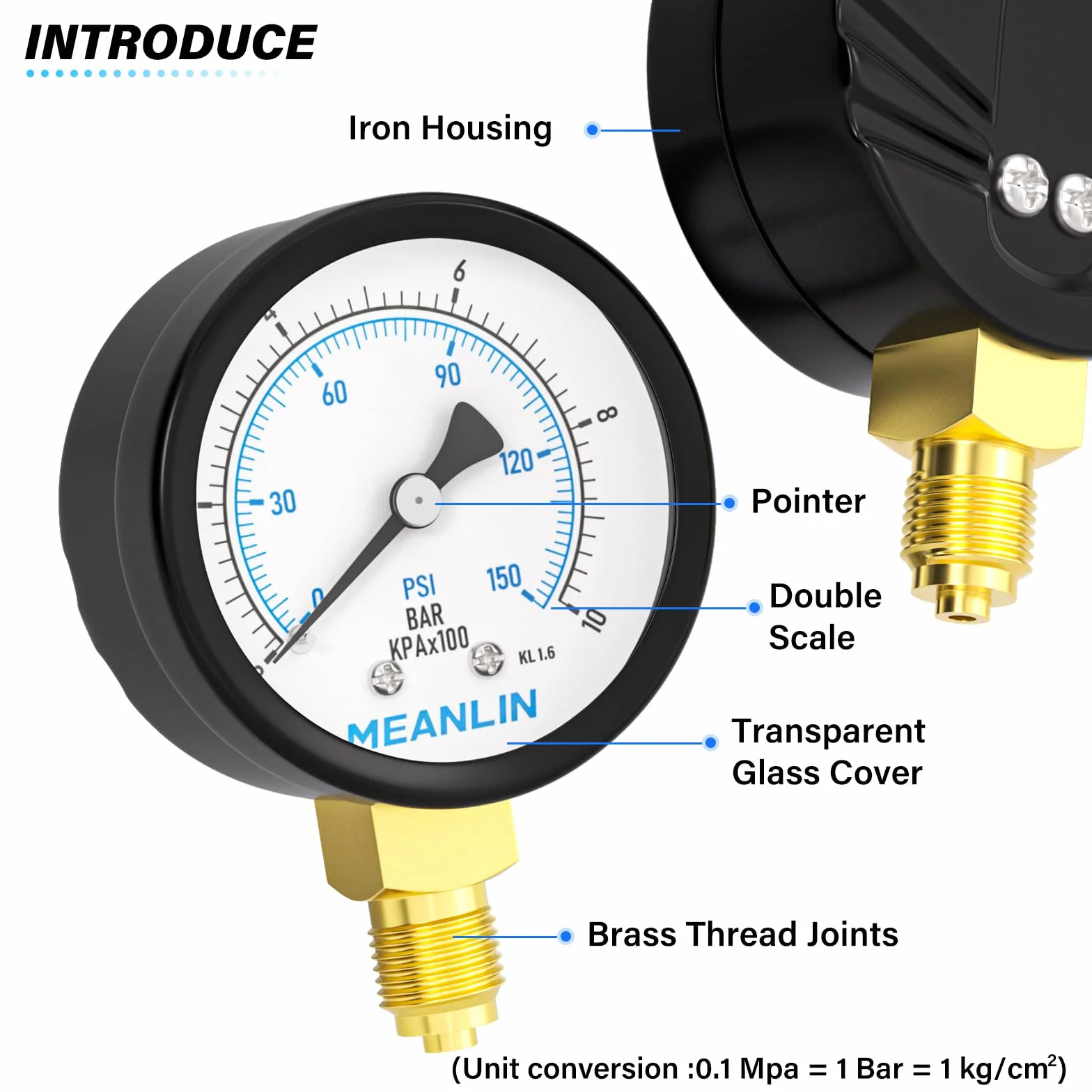 MEANLIN MEASURE Manometr 0-10 Bar 150PSI 1/4" BSP do pomp wodnych