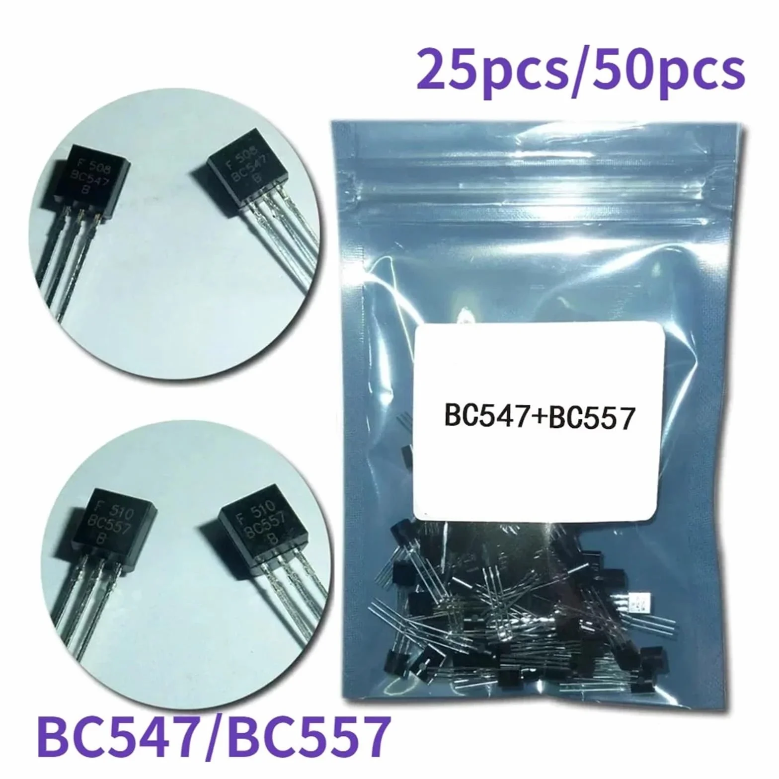 BC547 BC557 Tranzystory NPN PNP Zestaw 50 sztuk DIY
