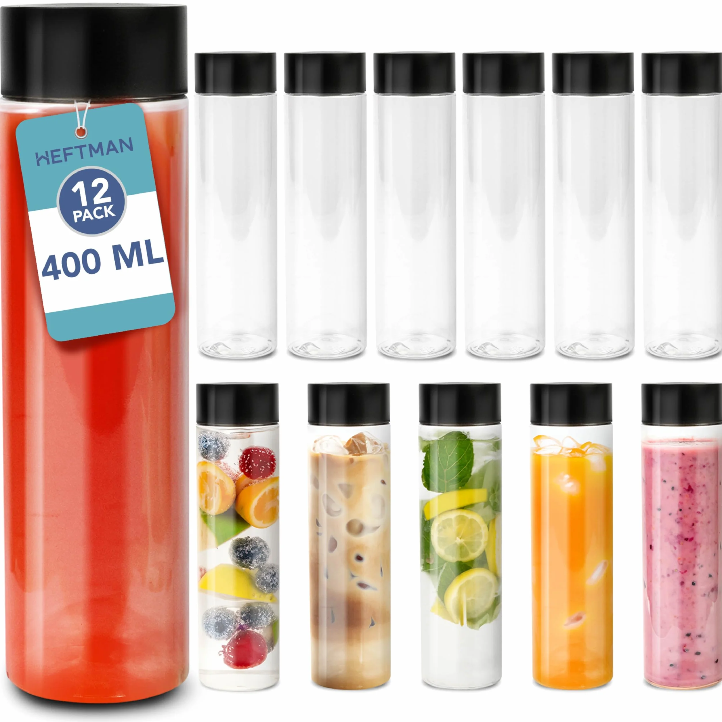 HEFTMAN Plastikowe butelki na sok z pokrywkami, 400 ml, puste, sensoryczne butelki PET na wodę, mrożoną kawę, smoothie na wynos, czarne, zakręcane pokrywki, bezpieczne dla żywności
