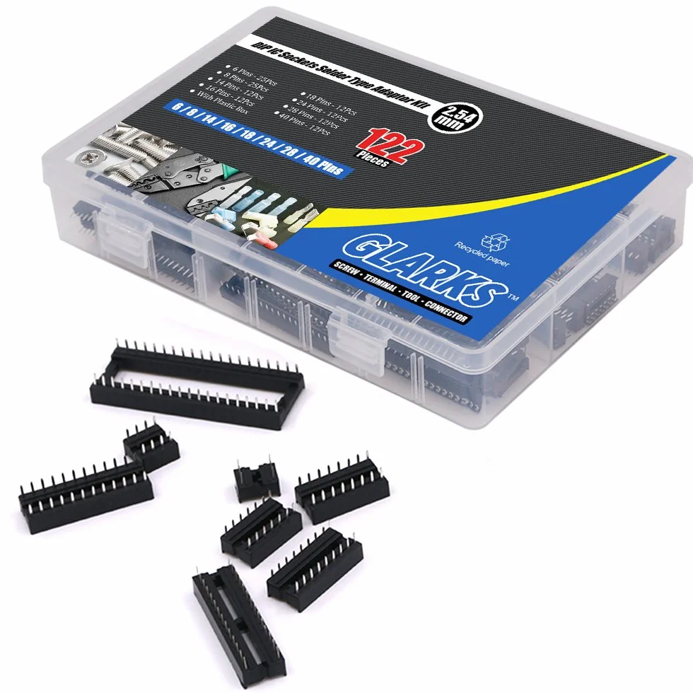 Glarks 122 szt. 2,54 mm Pitch DIP IC gniazda wtykowe adapter zestaw pinów