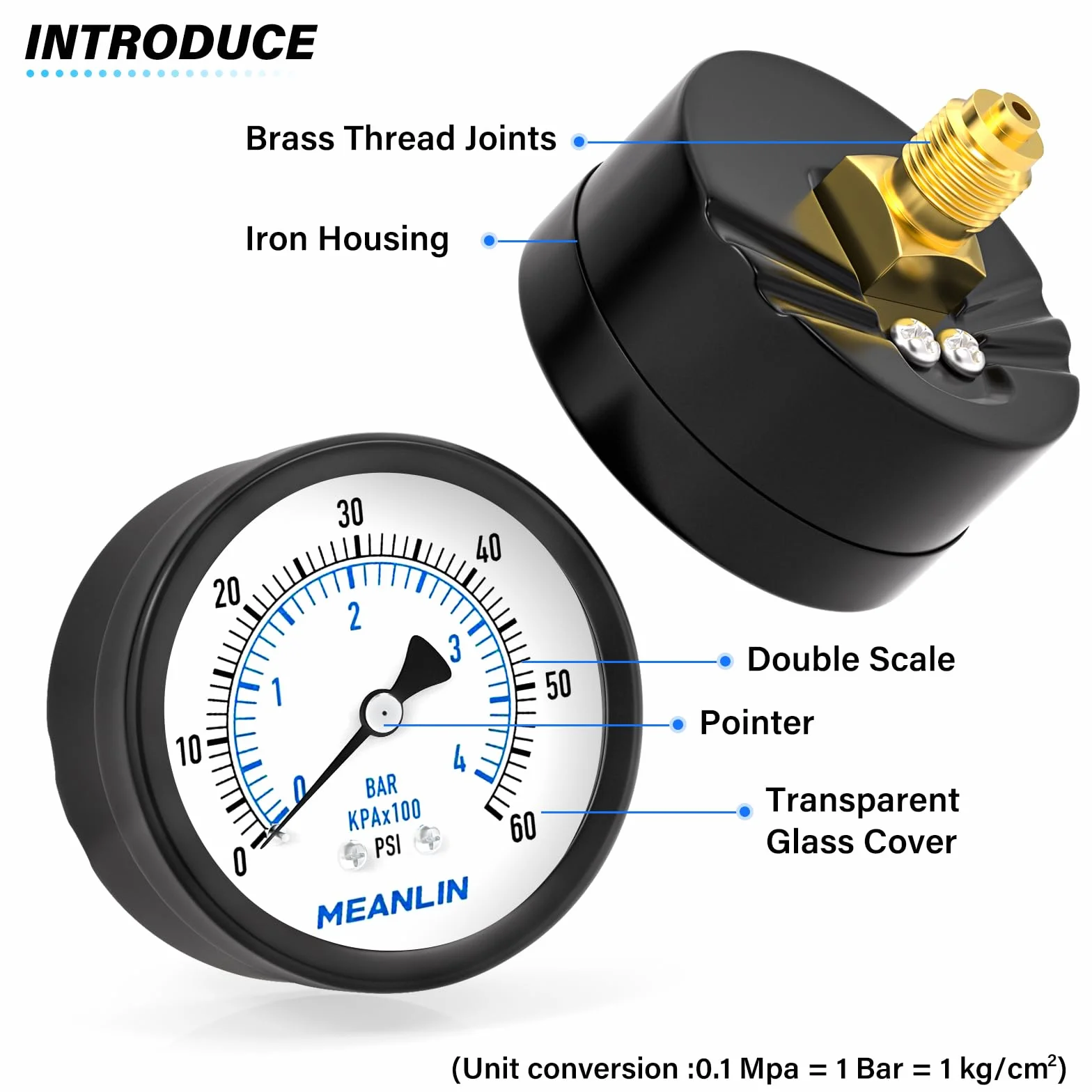 MEANLIN MEASURE 0~4BAR/0~60PSI 2"DIAL FACE 1/8 "BSP dobrze pompy Manometr ciśnieniowy,z 1/4"BSP i 3/8"BSP Piasta sześciokątna, Filtr Sabbii per Basen Test,Center Montaggio back